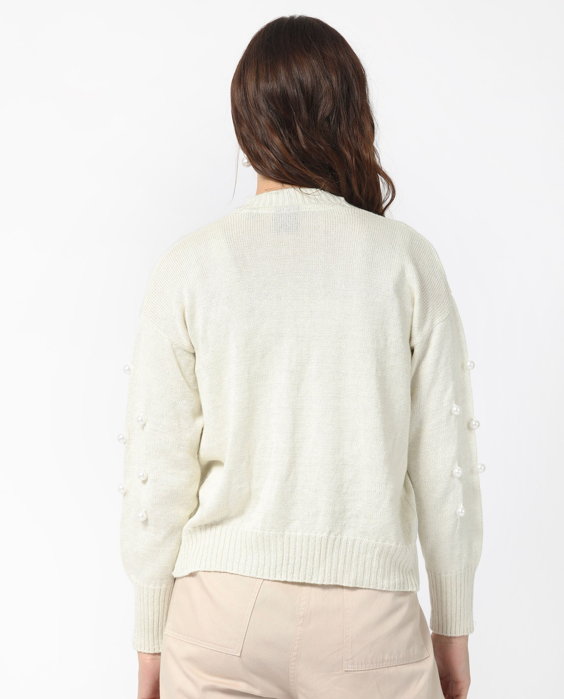 Rareism Women's Tunnel 1 Off White Viscose Collarless Embellished Balloon Sleeve Regular Fit Sweater