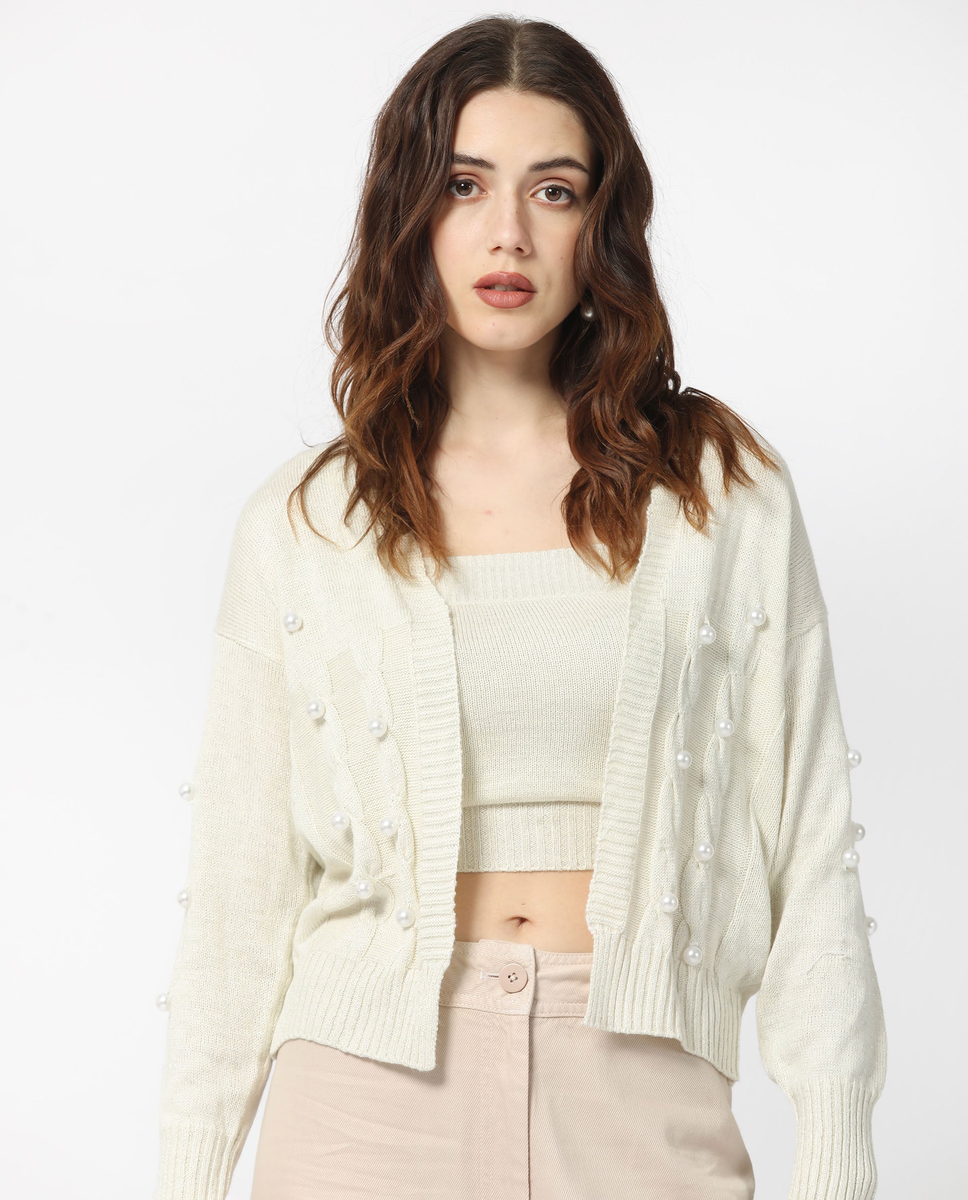 Rareism Women's Tunnel 1 Off White Viscose Collarless Embellished Balloon Sleeve Regular Fit Sweater