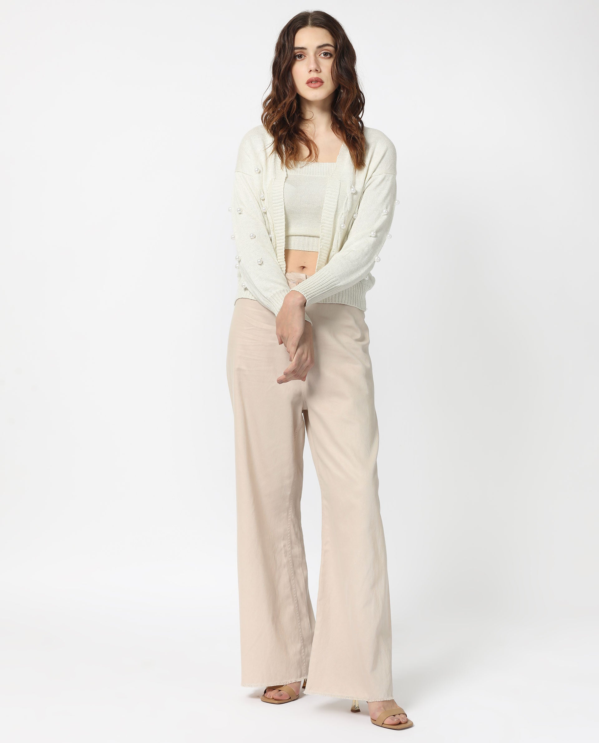 Rareism Women's Tunnel 1 Off White Viscose Collarless Embellished Balloon Sleeve Regular Fit Sweater