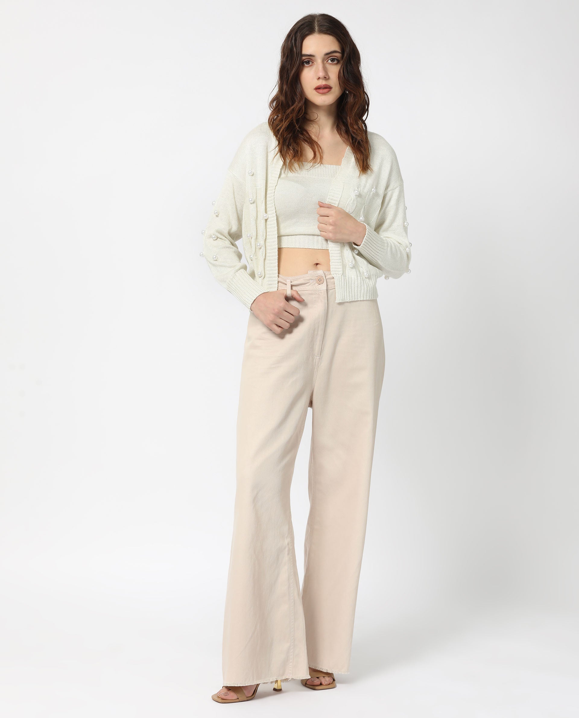 Rareism Women's Tunnel 1 Off White Viscose Collarless Embellished Balloon Sleeve Regular Fit Sweater