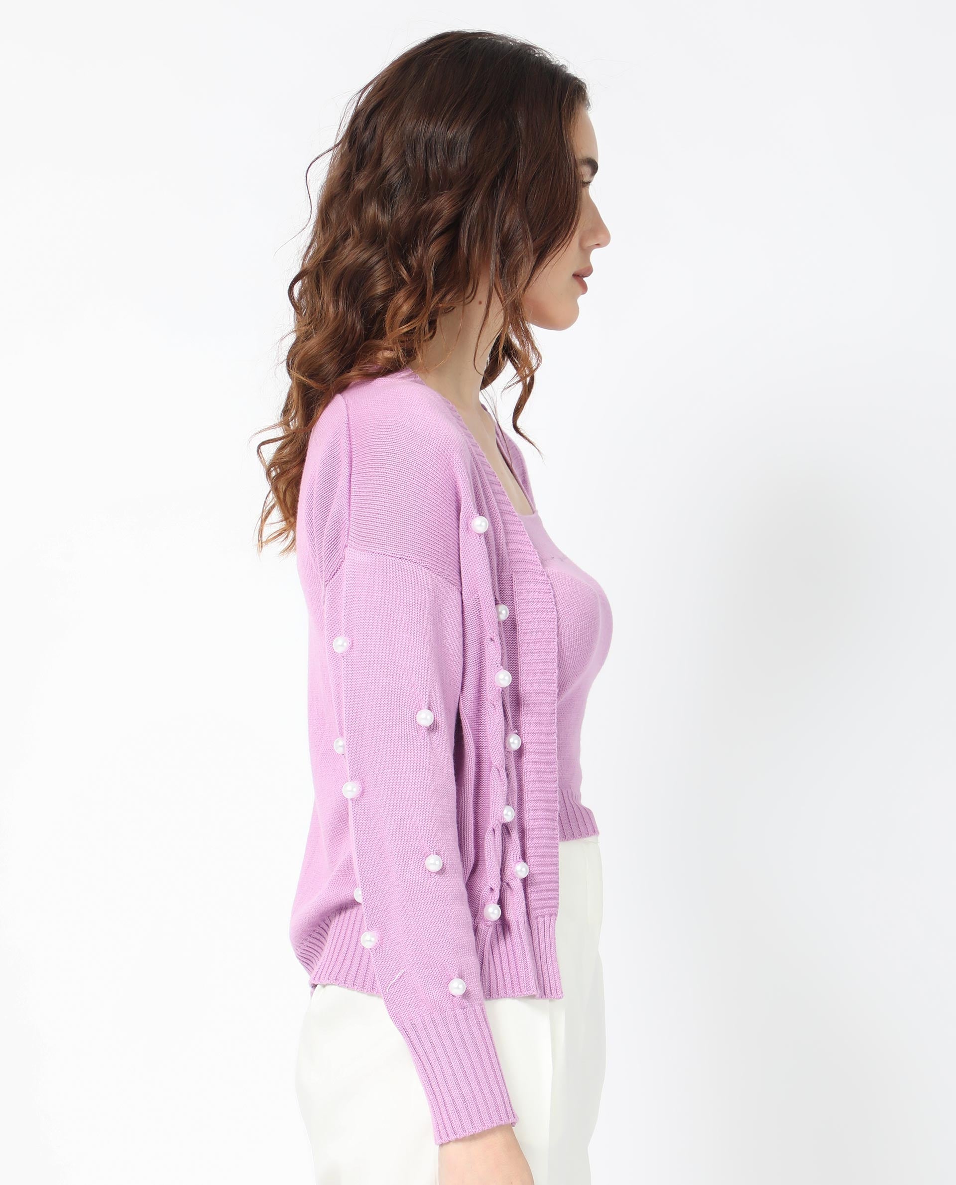Rareism Women's Tunnel 1 Pastel Purple Viscose Collarless Embellished Balloon Sleeve Regular Fit Sweater
