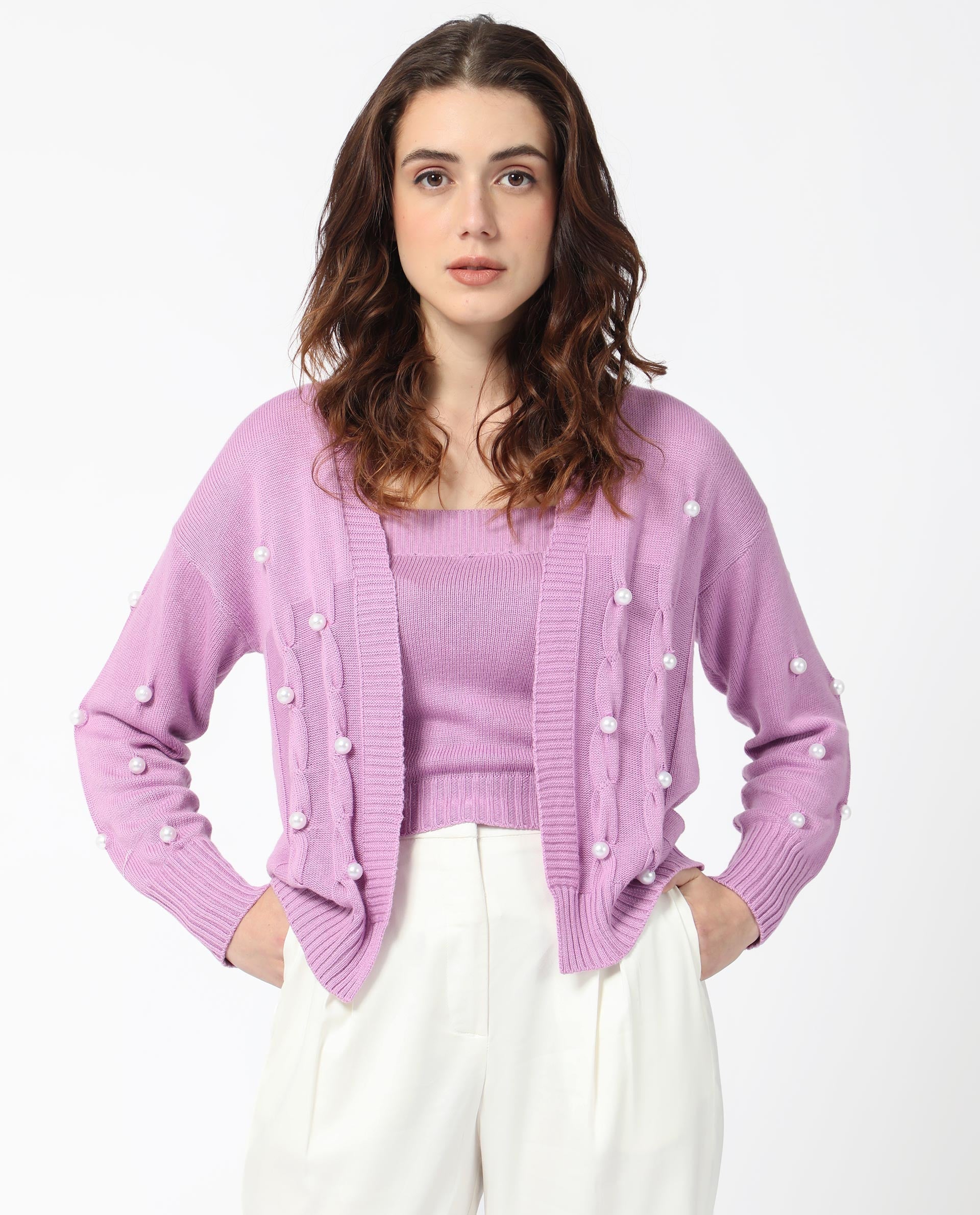 Rareism Women's Tunnel 1 Pastel Purple Viscose Collarless Embellished Balloon Sleeve Regular Fit Sweater