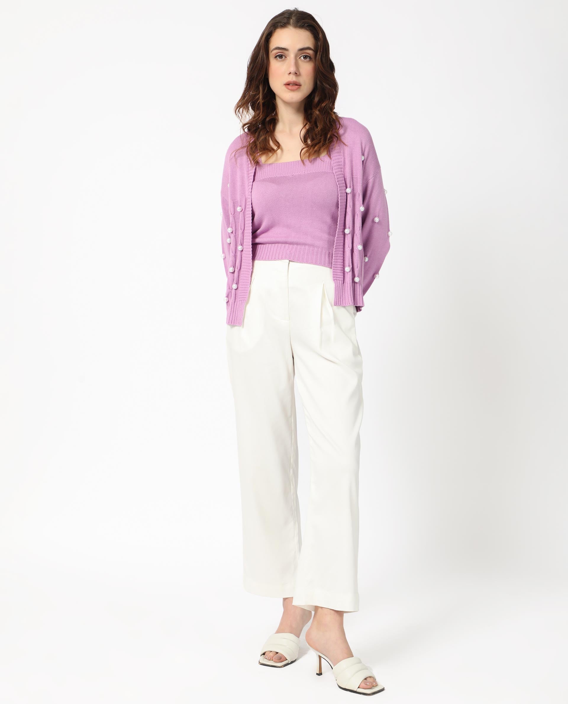 Rareism Women's Tunnel 1 Pastel Purple Viscose Collarless Embellished Balloon Sleeve Regular Fit Sweater