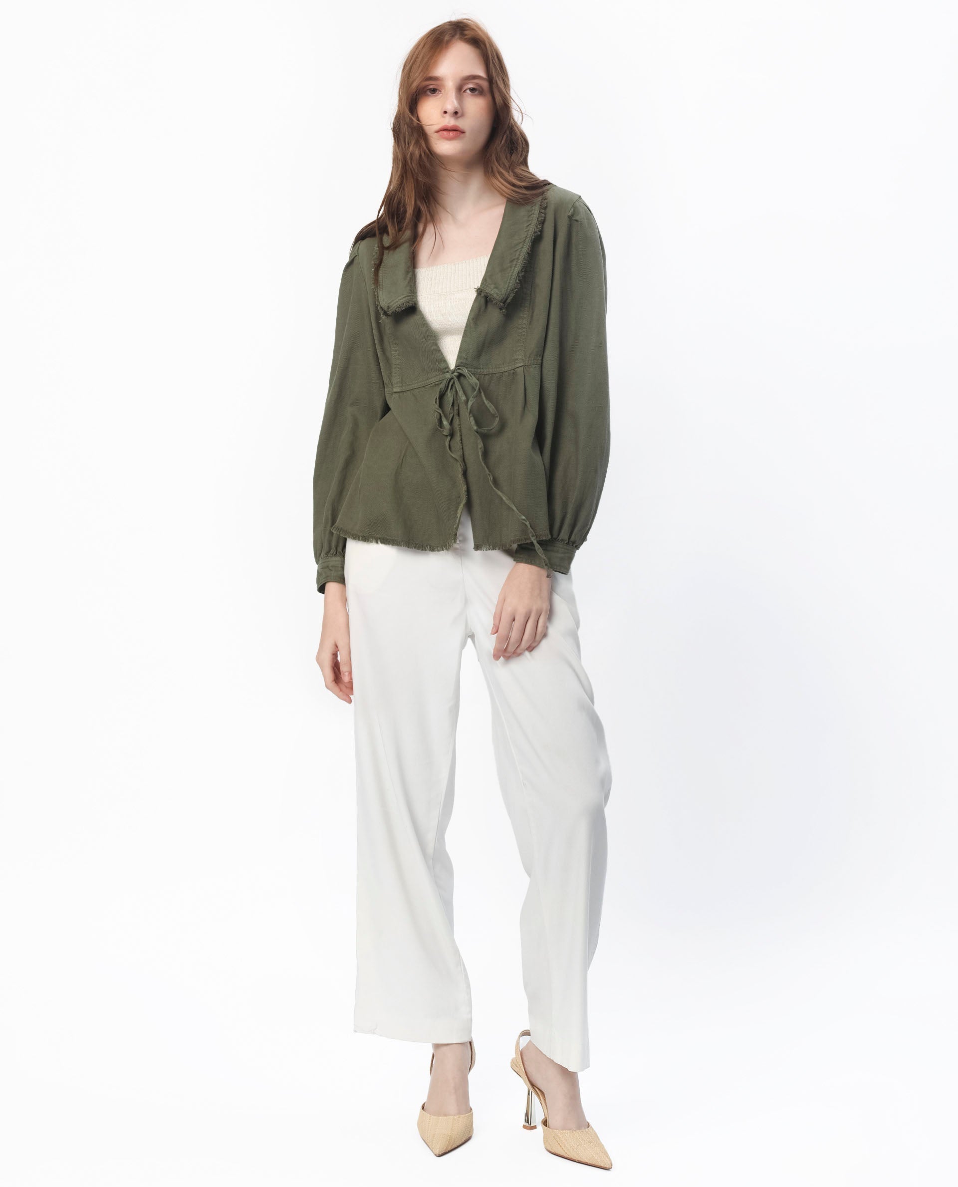 Rareism Women Reism Dark Olive Cotton Blend Fabric Full Sleeves Solid Lapel Neck Shrug