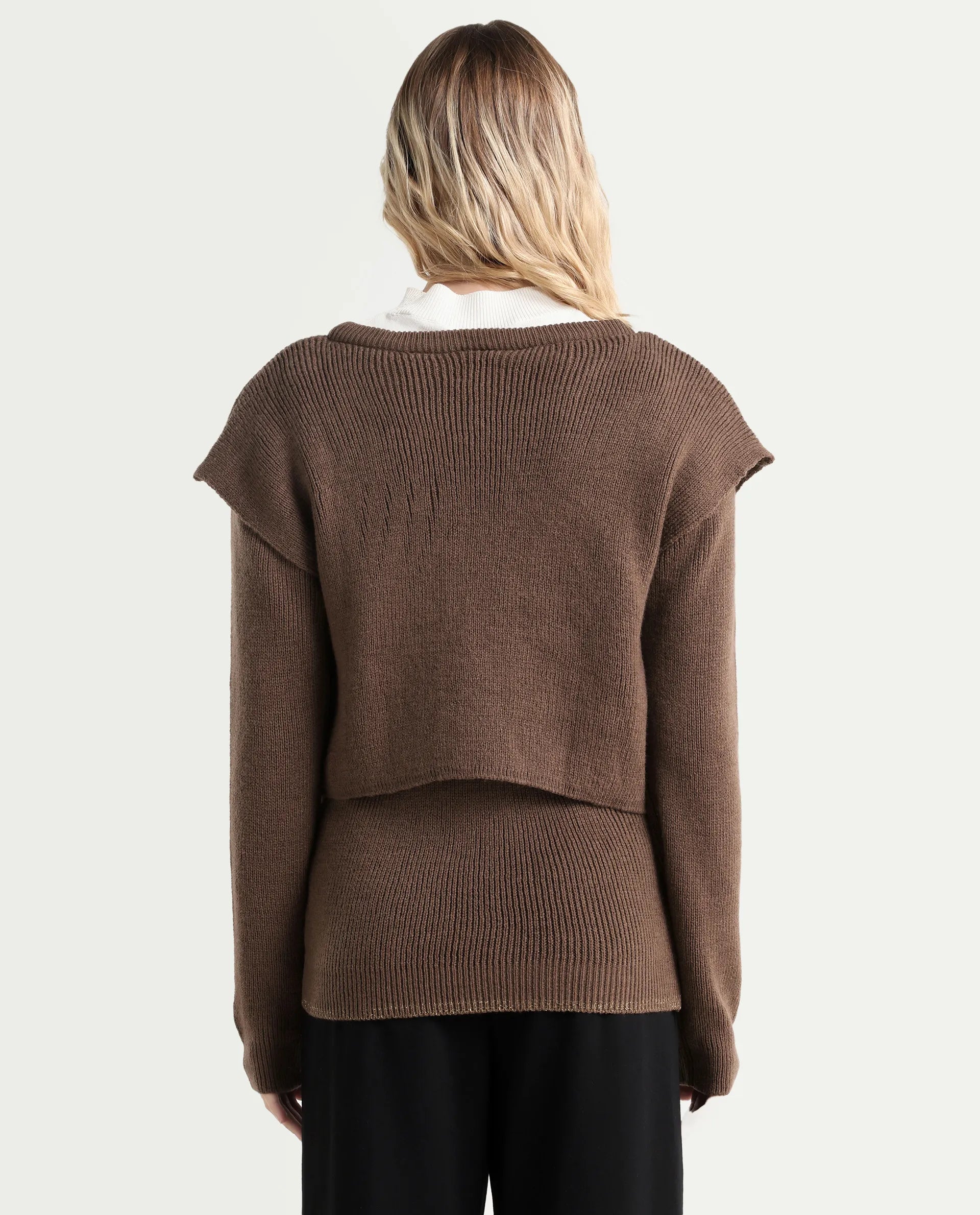 Rareism Women's Tupfel Brown Acrylic Crew Neck Plain Regular Fit Sweater