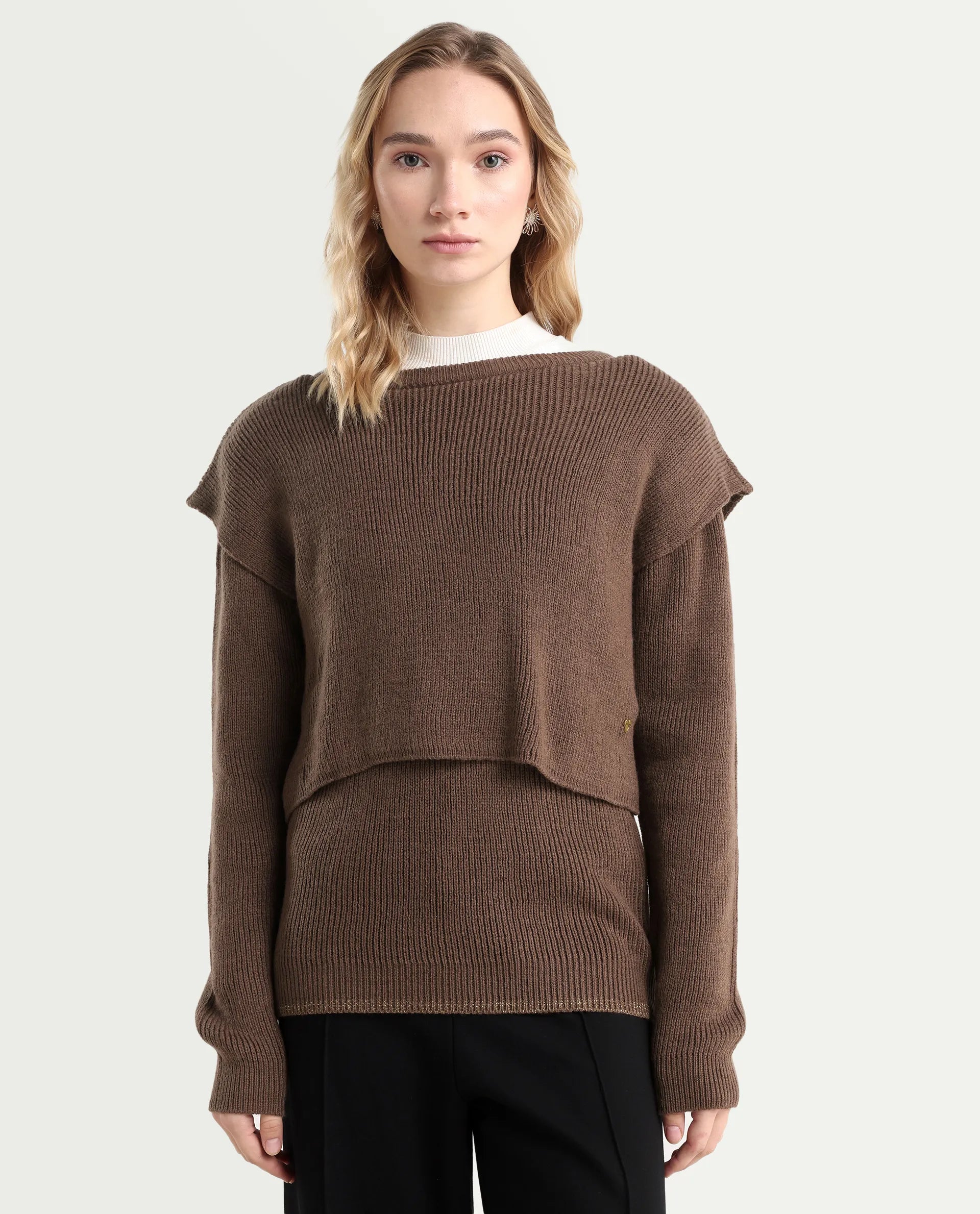Rareism Women's Tupfel Brown Acrylic Crew Neck Plain Regular Fit Sweater