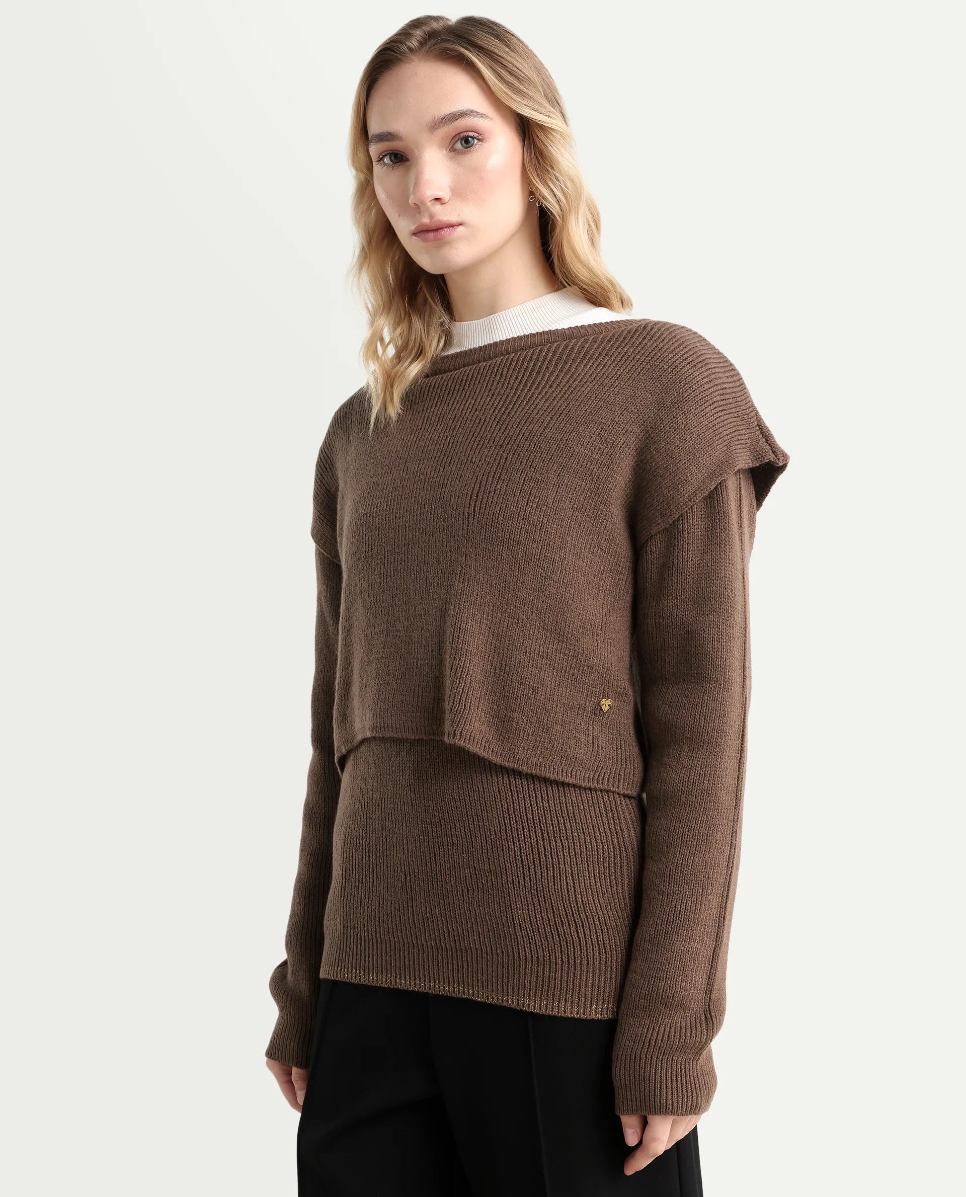 Rareism Women's Tupfel Brown Acrylic Crew Neck Plain Regular Fit Sweater