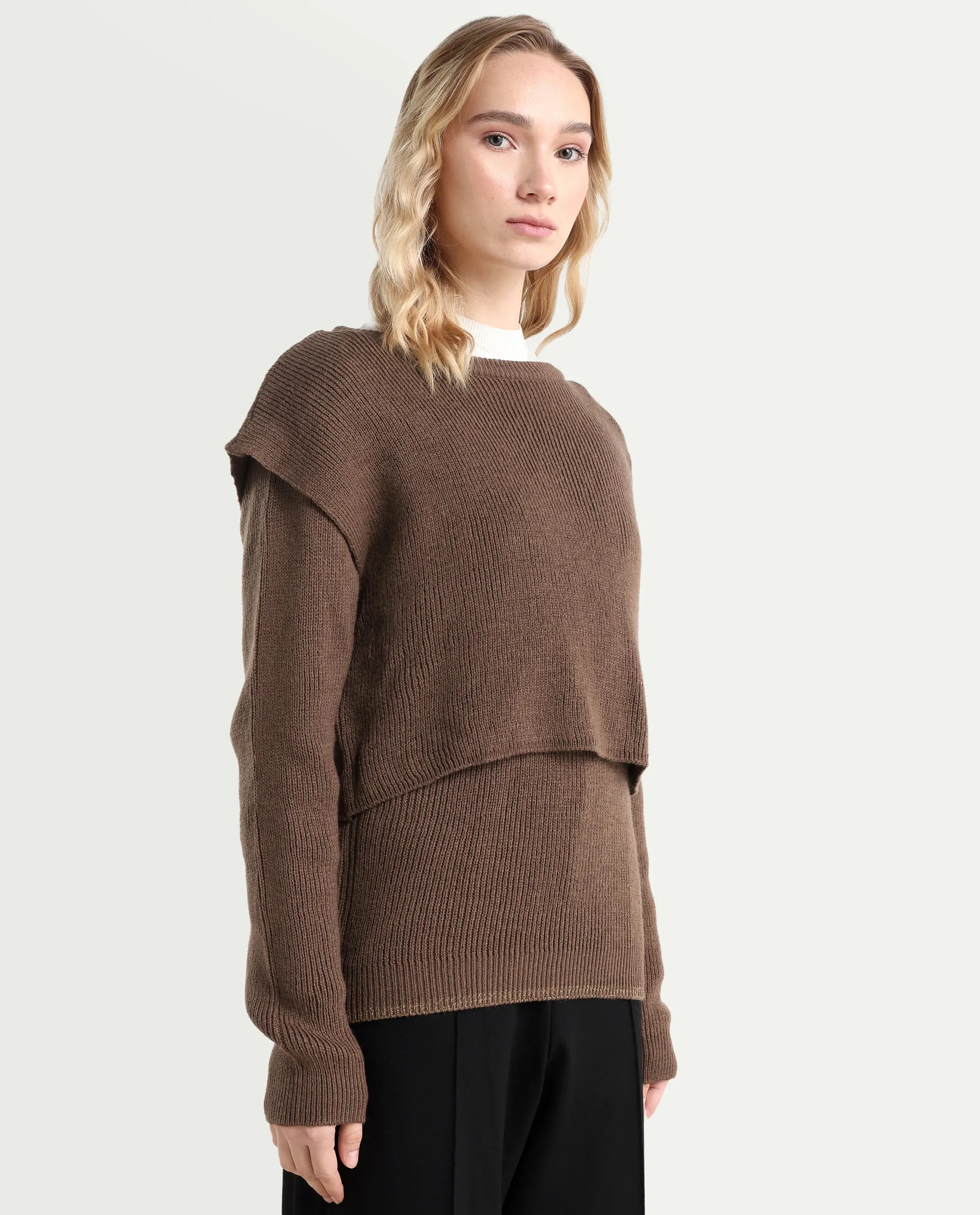 Rareism Women's Tupfel Brown Acrylic Crew Neck Plain Regular Fit Sweater