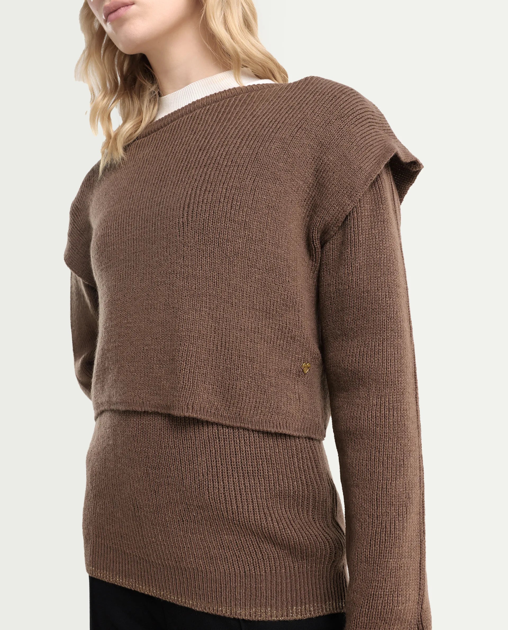 Rareism Women's Tupfel Brown Acrylic Crew Neck Plain Regular Fit Sweater
