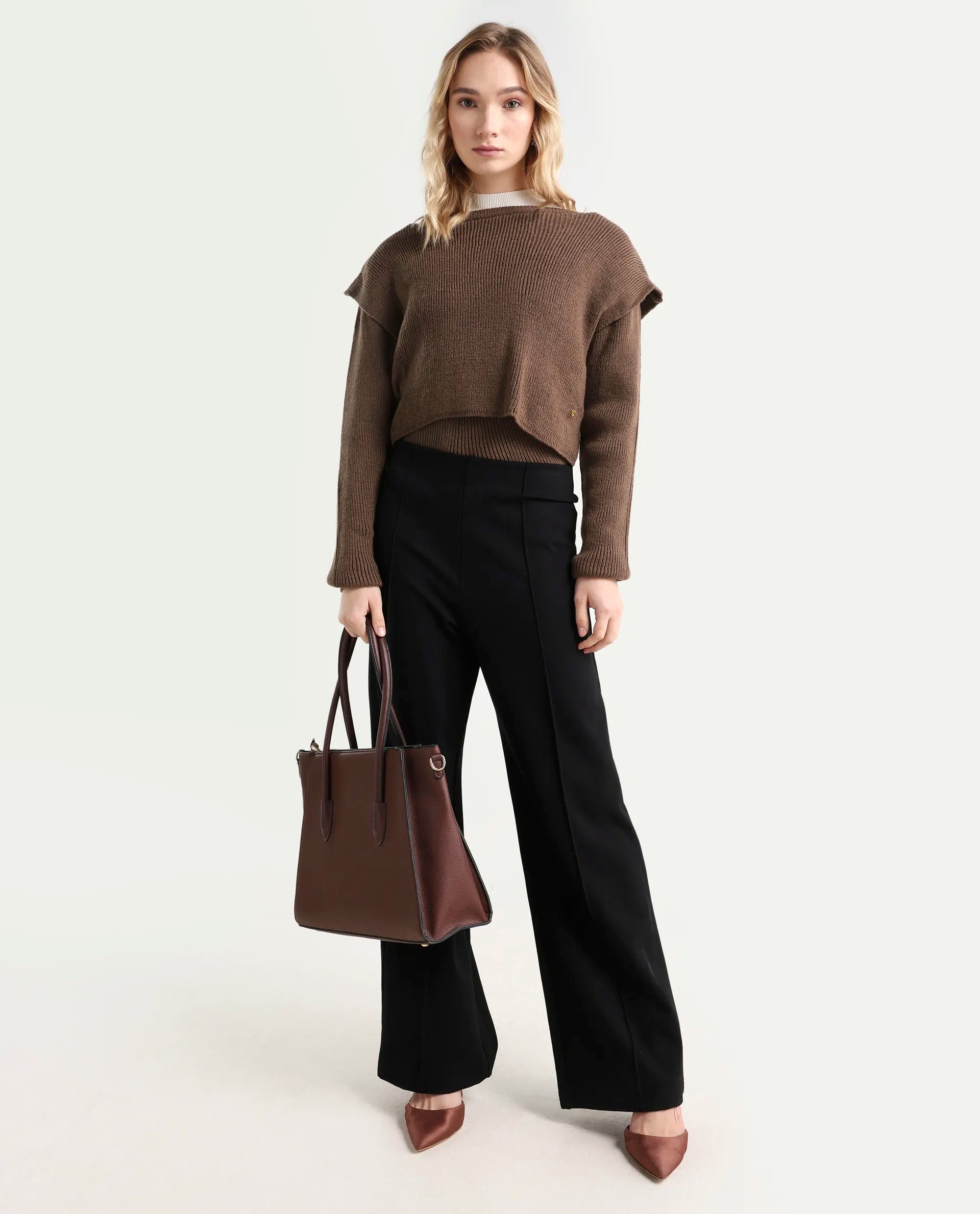 Rareism Women's Tupfel Brown Acrylic Crew Neck Plain Regular Fit Sweater