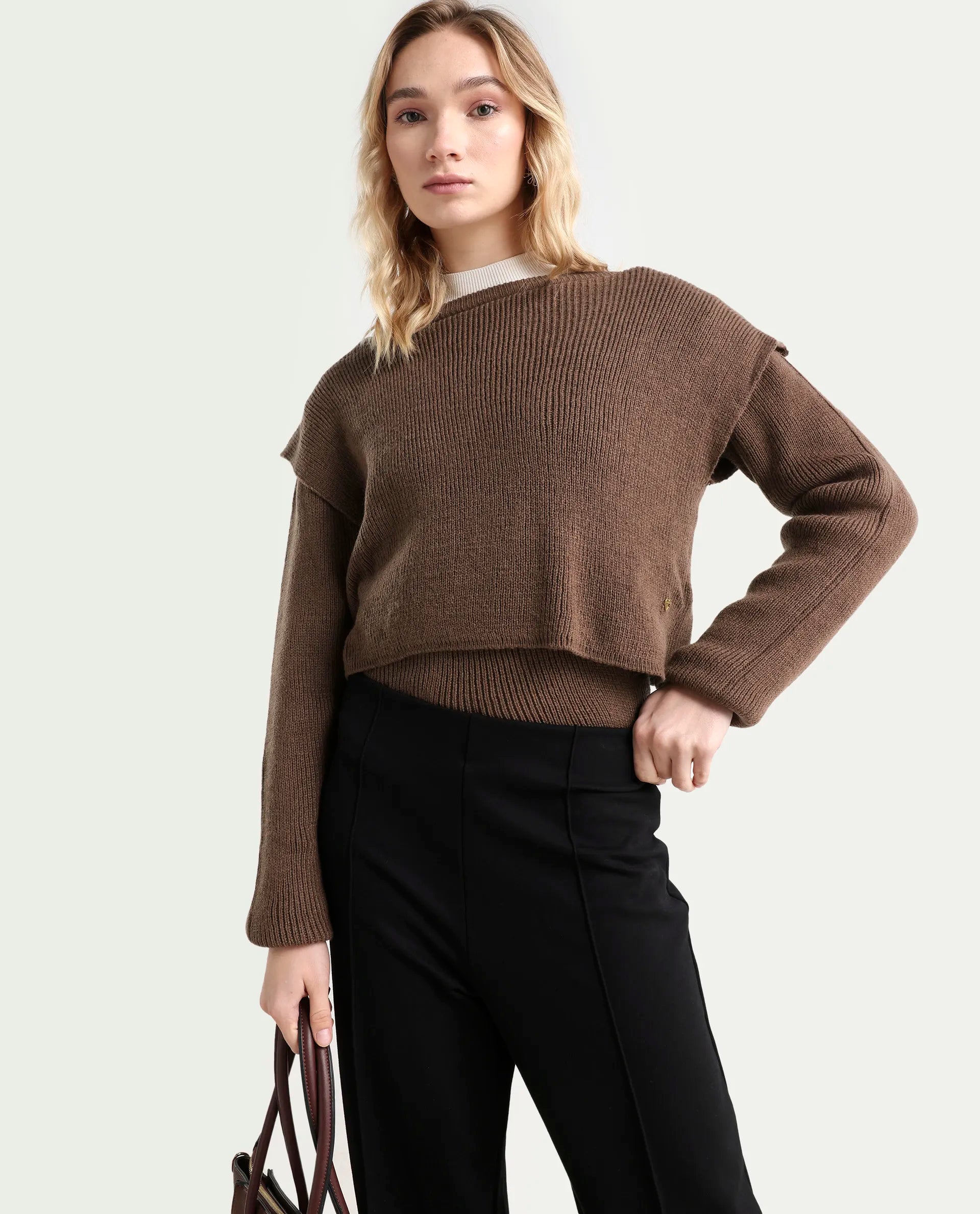 Rareism Women's Tupfel Brown Acrylic Crew Neck Plain Regular Fit Sweater