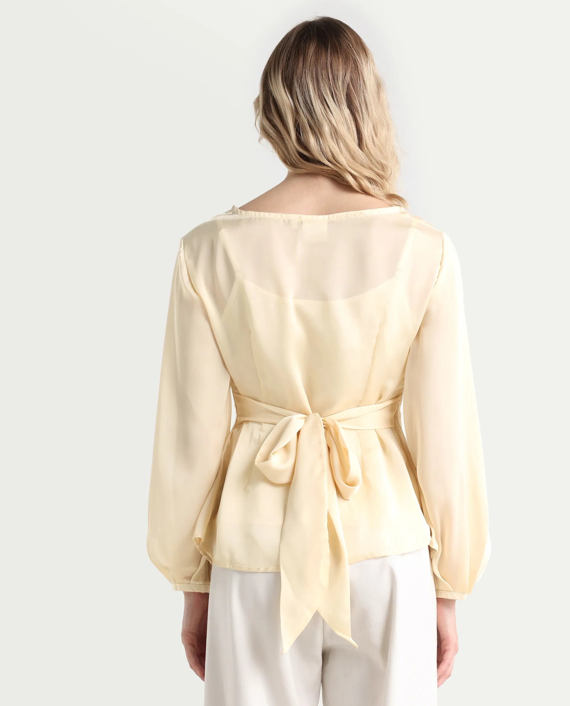 Rareism Women's Turin Beige Polyester Mandarin Collar Plain Balloon Sleeve Regular Fit Top