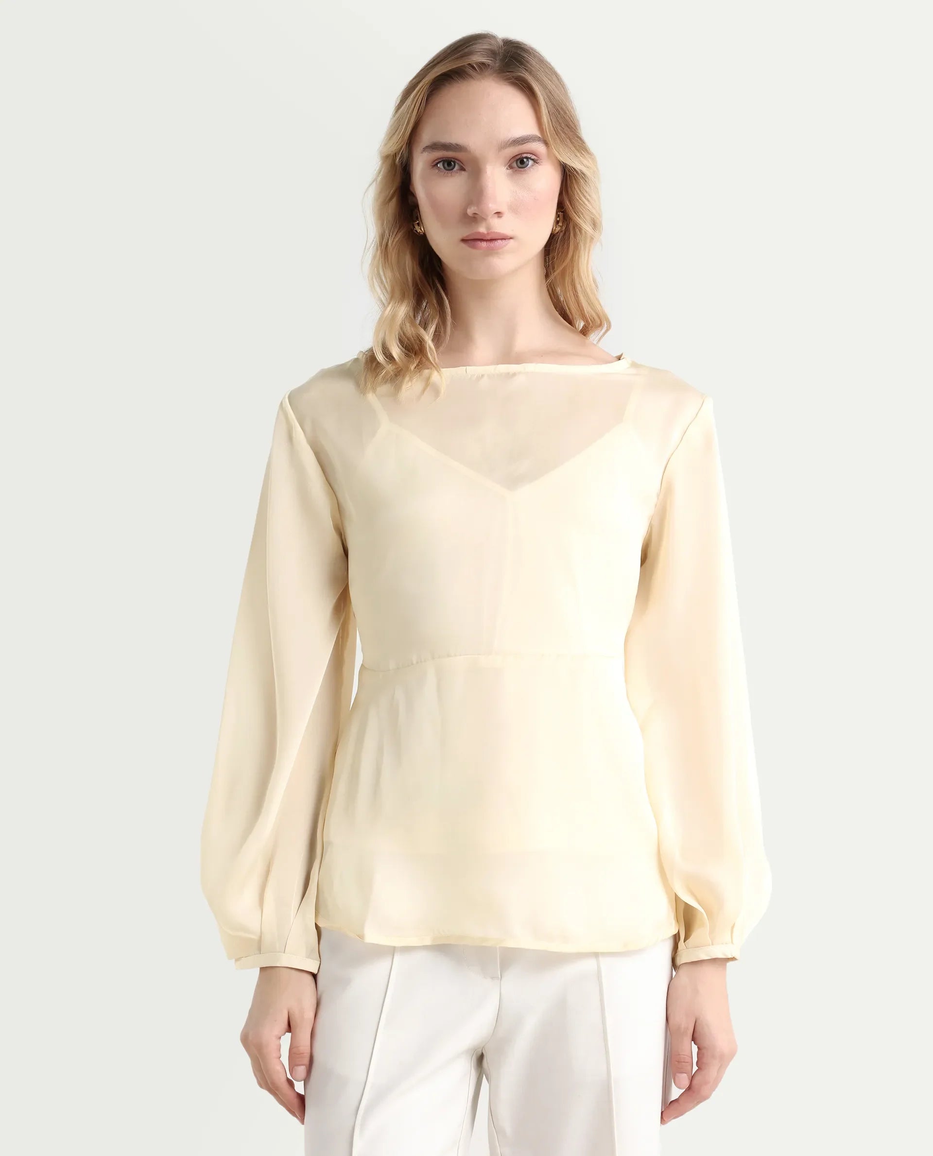 Rareism Women's Turin Beige Polyester Mandarin Collar Plain Balloon Sleeve Regular Fit Top