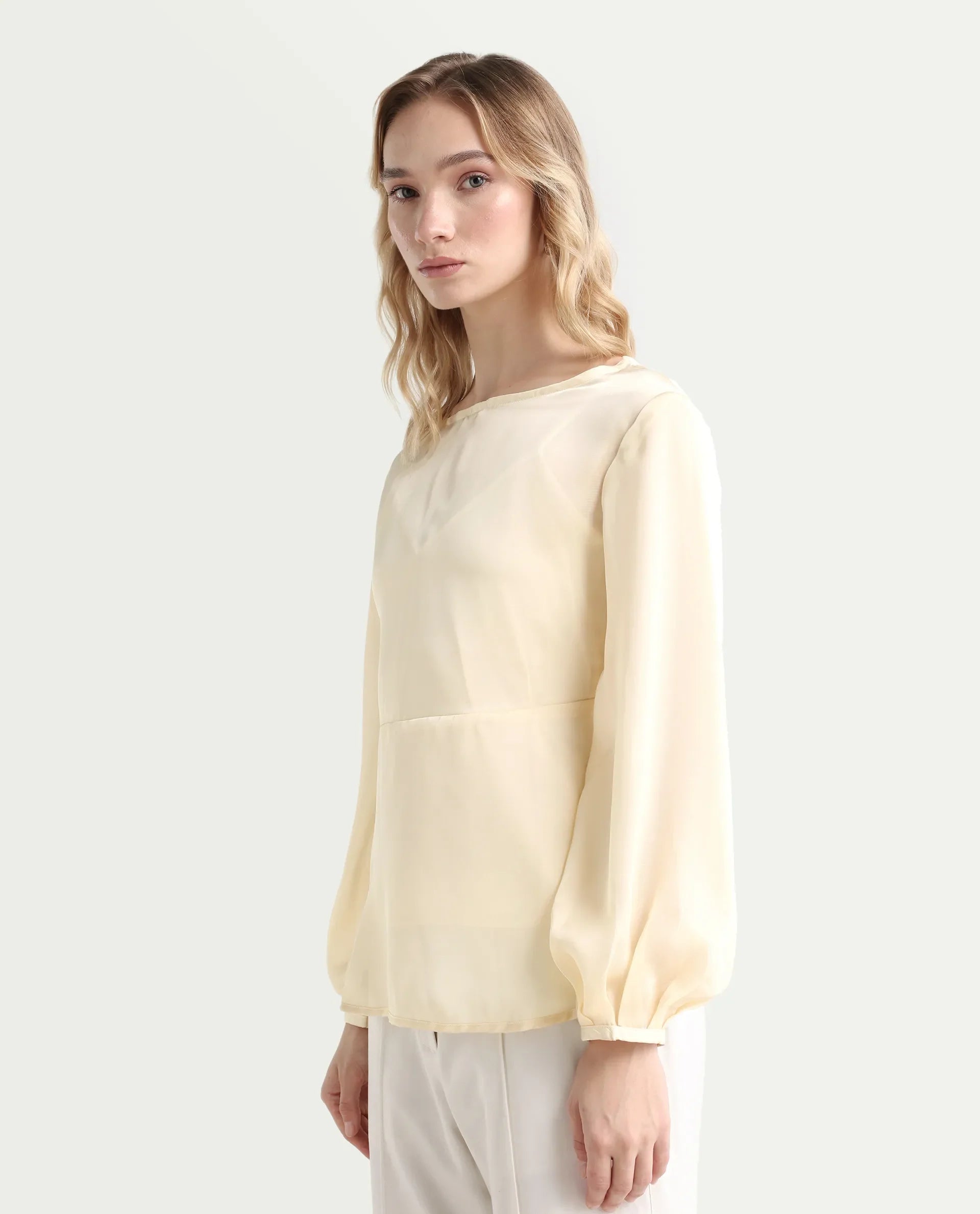 Rareism Women's Turin Beige Polyester Mandarin Collar Plain Balloon Sleeve Regular Fit Top