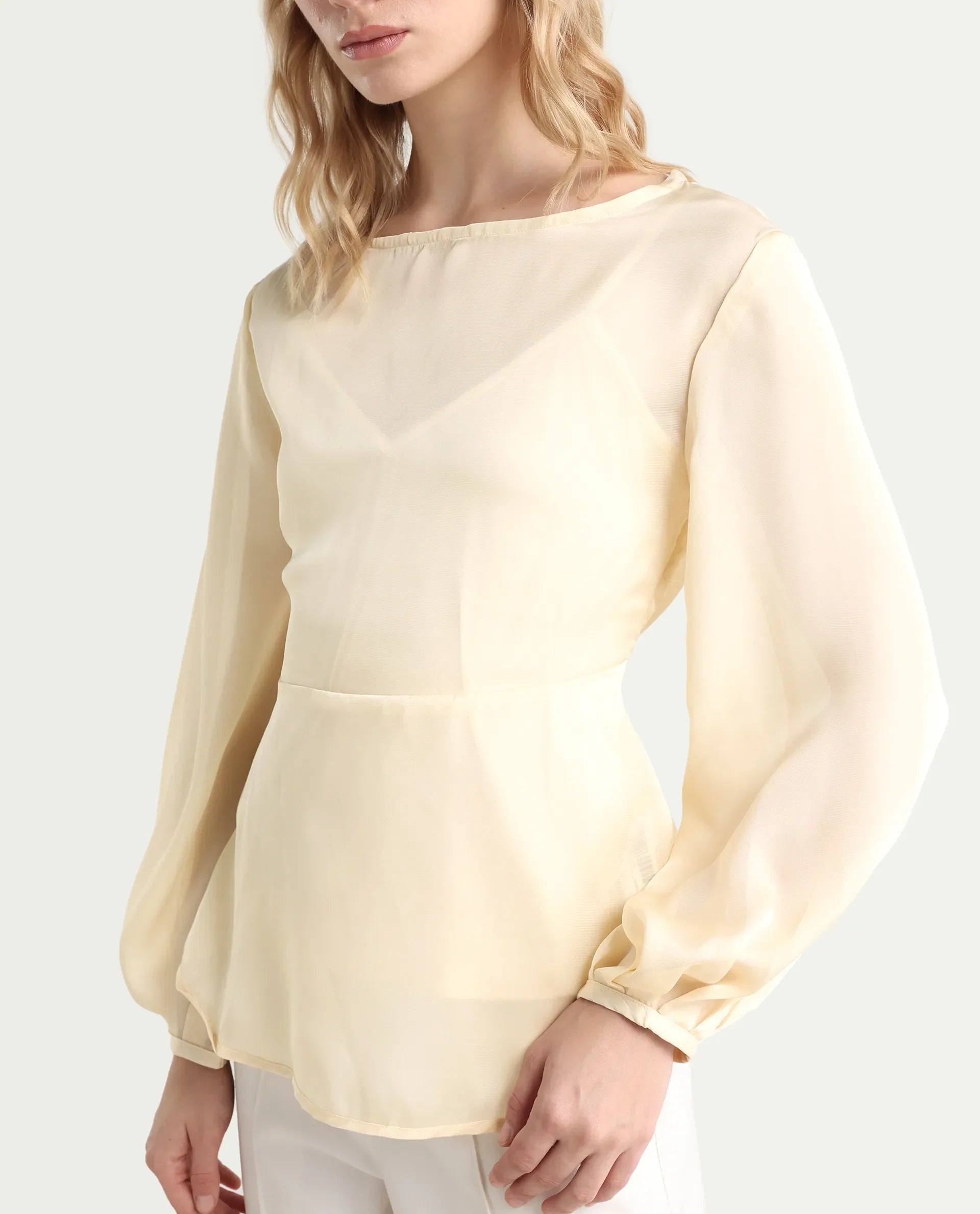 Rareism Women's Turin Beige Polyester Mandarin Collar Plain Balloon Sleeve Regular Fit Top