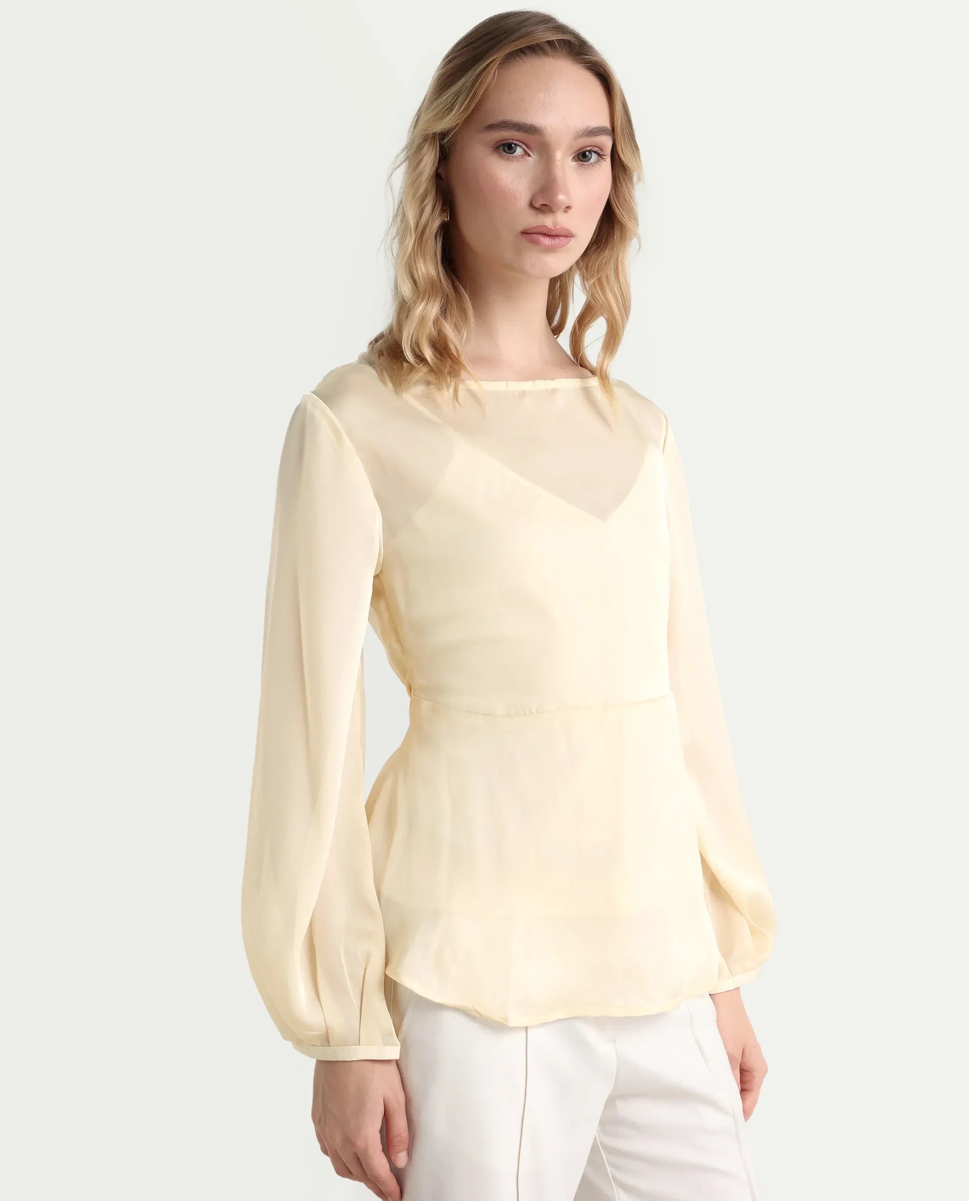 Rareism Women's Turin Beige Polyester Mandarin Collar Plain Balloon Sleeve Regular Fit Top