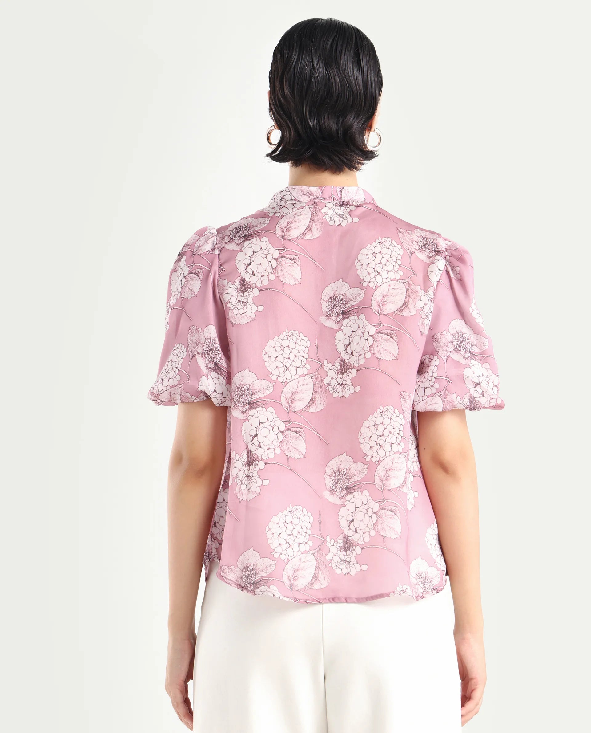 Rareism Women's Turino Dusky Pink Polyester Mandarin Collar Floral Print Balloon Sleeve Regular Fit Top