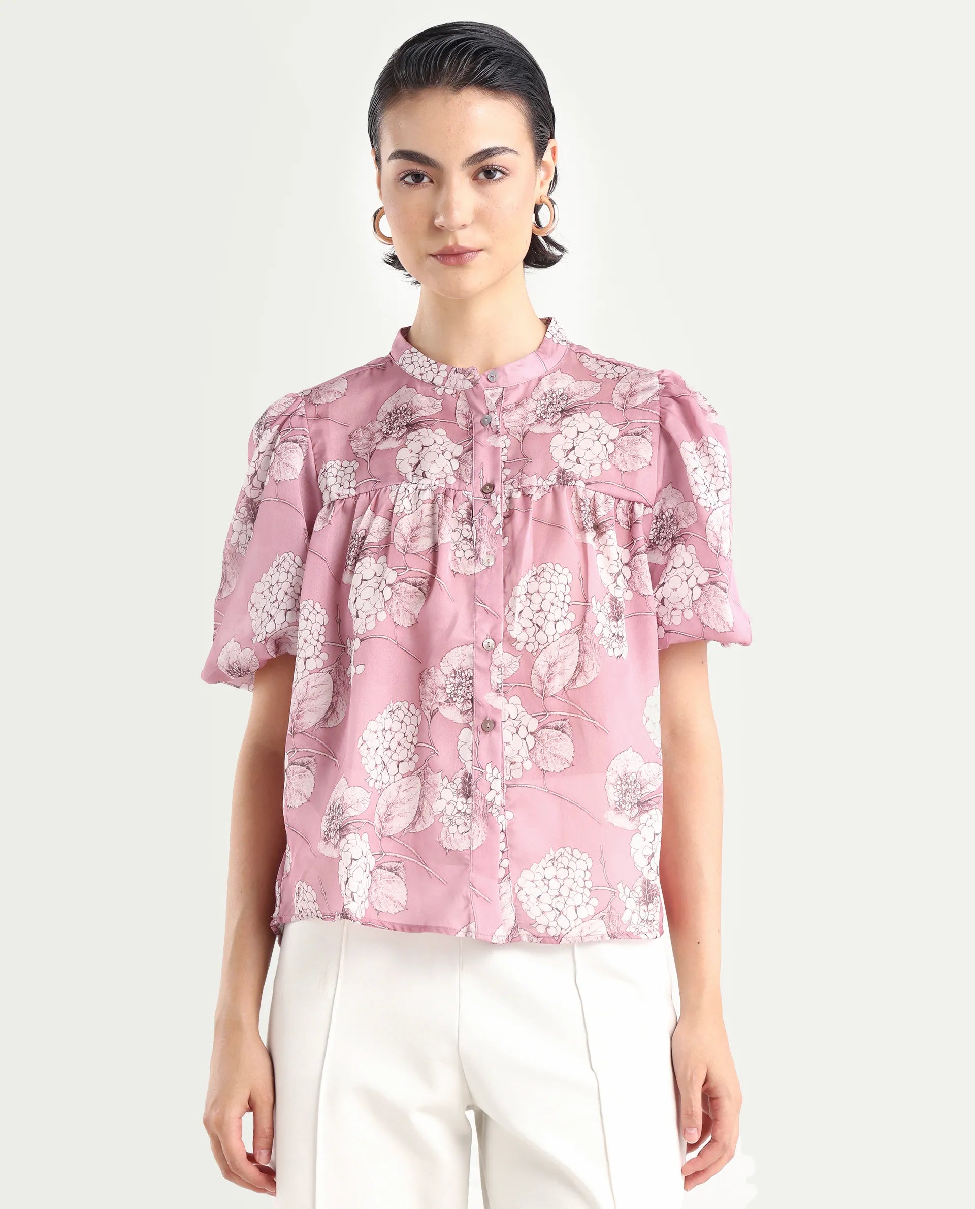 Rareism Women's Turino Dusky Pink Polyester Mandarin Collar Floral Print Balloon Sleeve Regular Fit Top