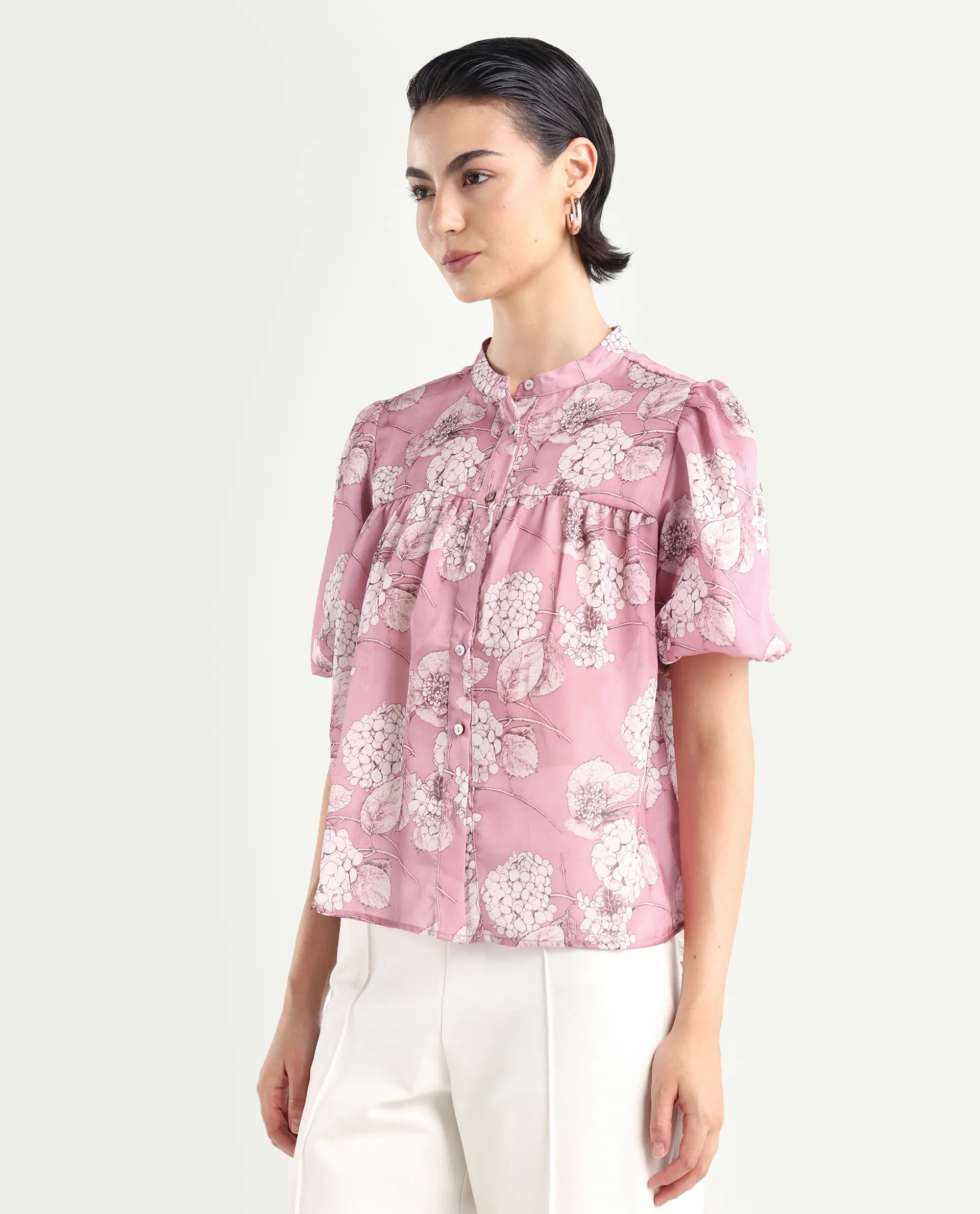 Rareism Women's Turino Dusky Pink Polyester Mandarin Collar Floral Print Balloon Sleeve Regular Fit Top