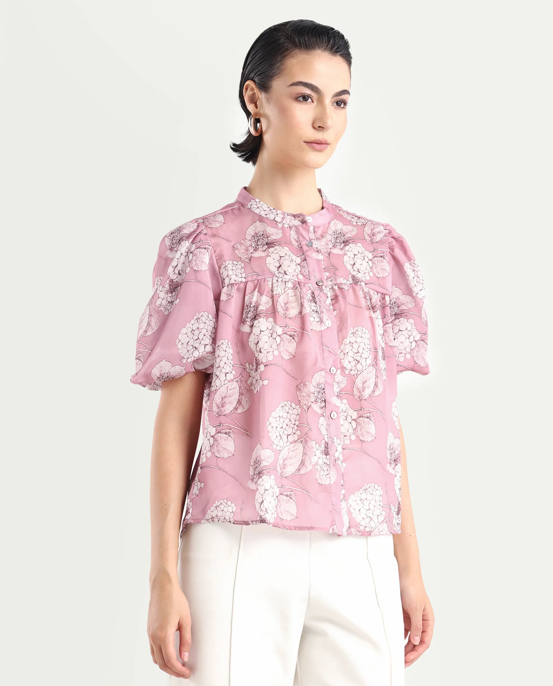 Rareism Women's Turino Dusky Pink Polyester Mandarin Collar Floral Print Balloon Sleeve Regular Fit Top