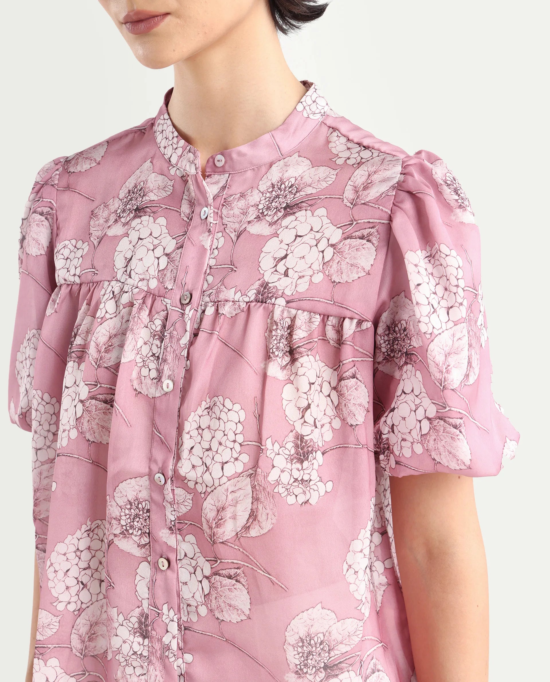 Rareism Women's Turino Dusky Pink Polyester Mandarin Collar Floral Print Balloon Sleeve Regular Fit Top