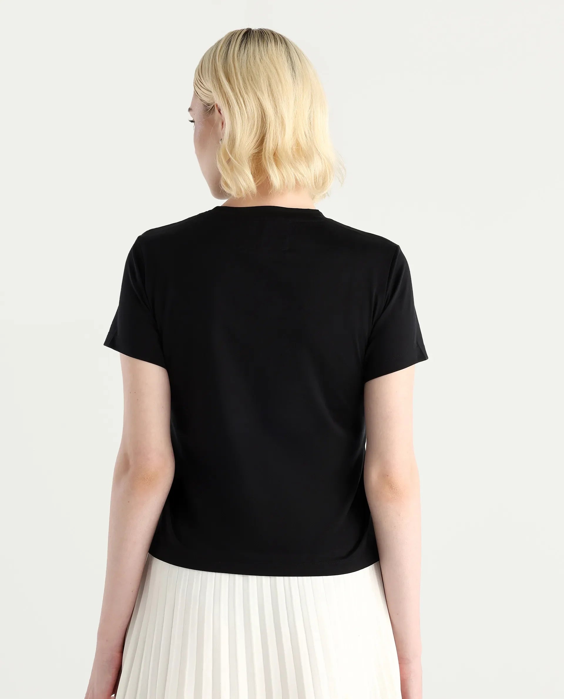 Rareism Women's Twen Black Cotton Crew Neck Regular Fit Printed T-Shirt