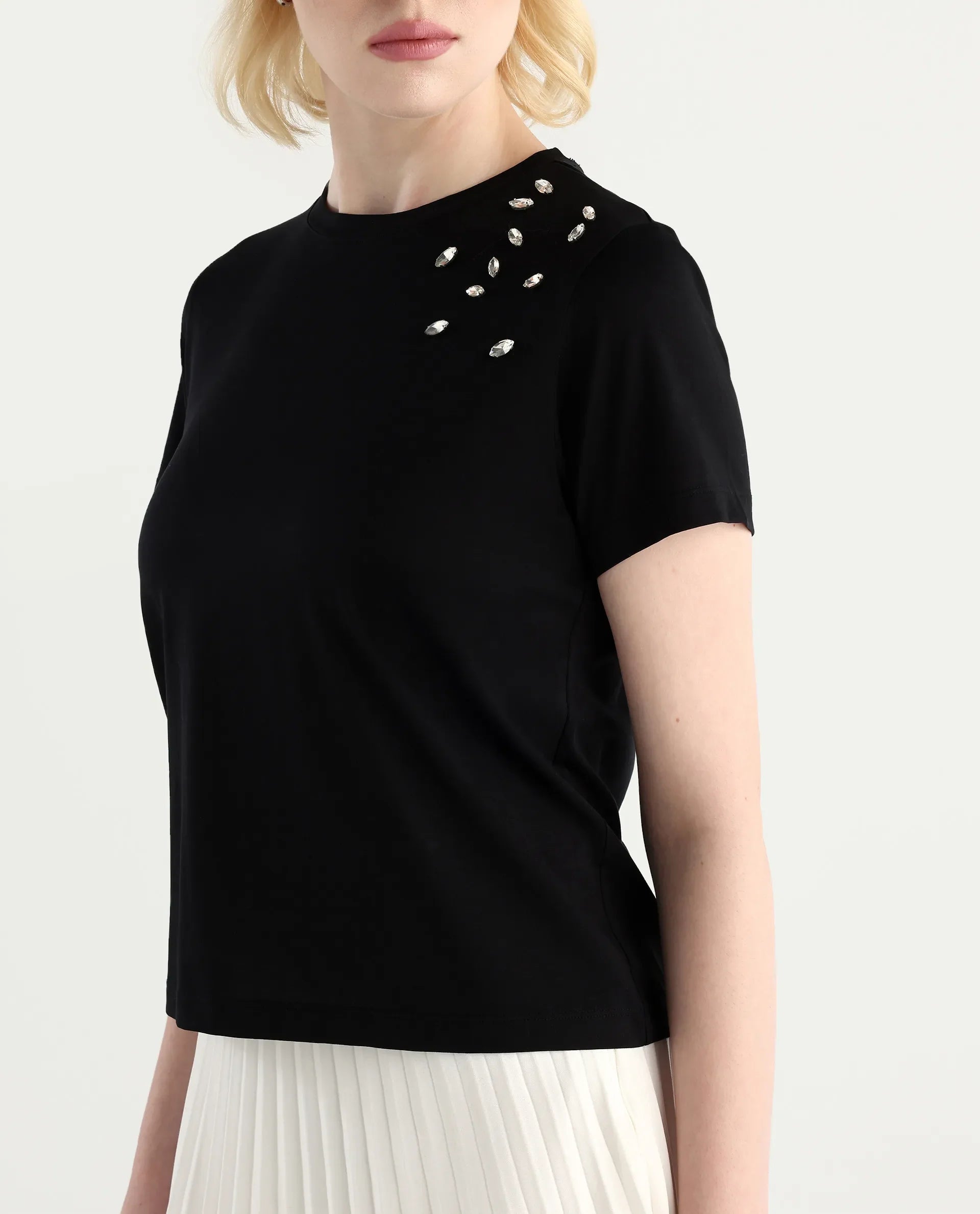 Rareism Women's Twen Black Cotton Crew Neck Regular Fit Printed T-Shirt