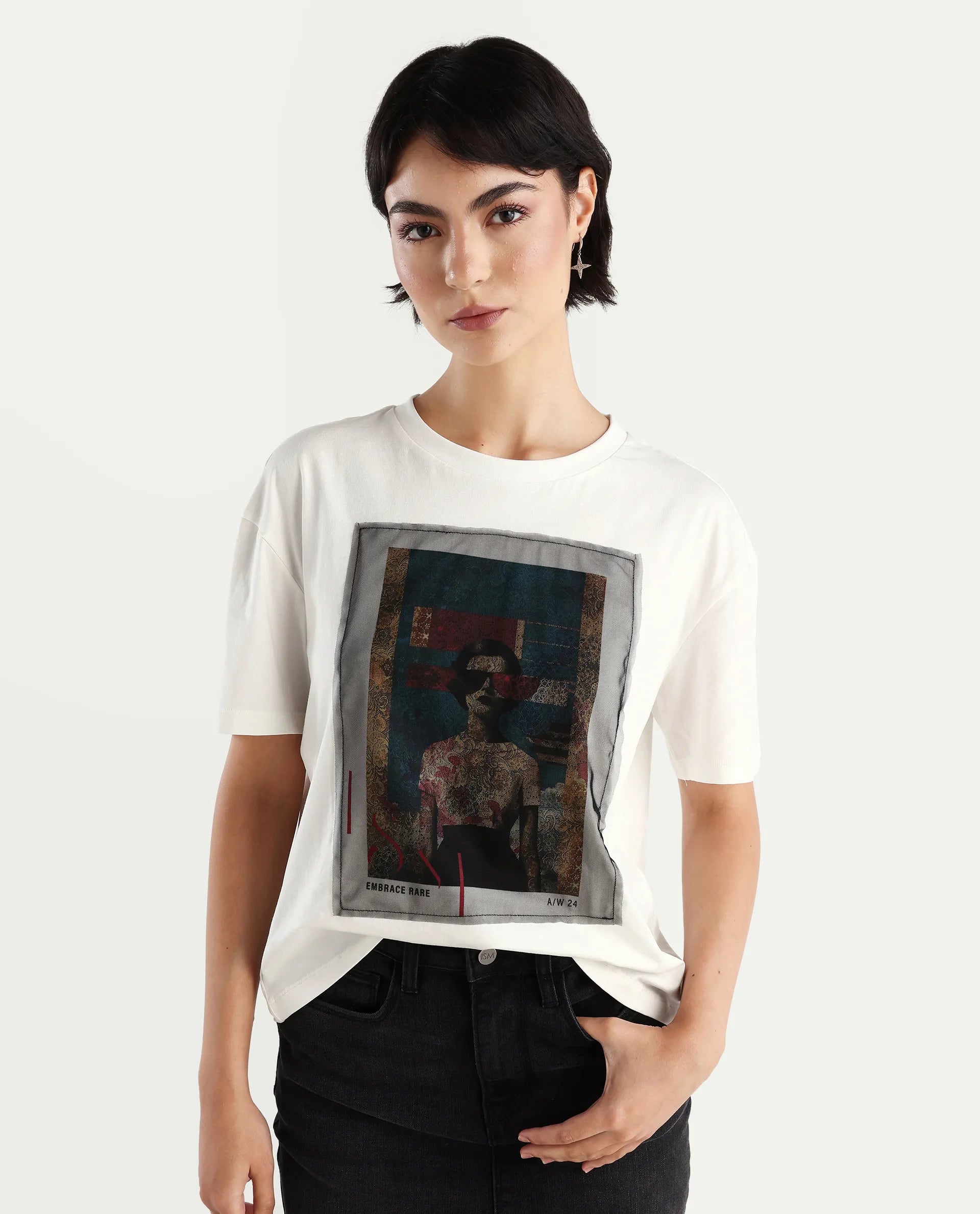 Rareism Women's Twixt Off White Cotton Blend Crew Neck Graphic Print Relaxed Fit T-Shirt