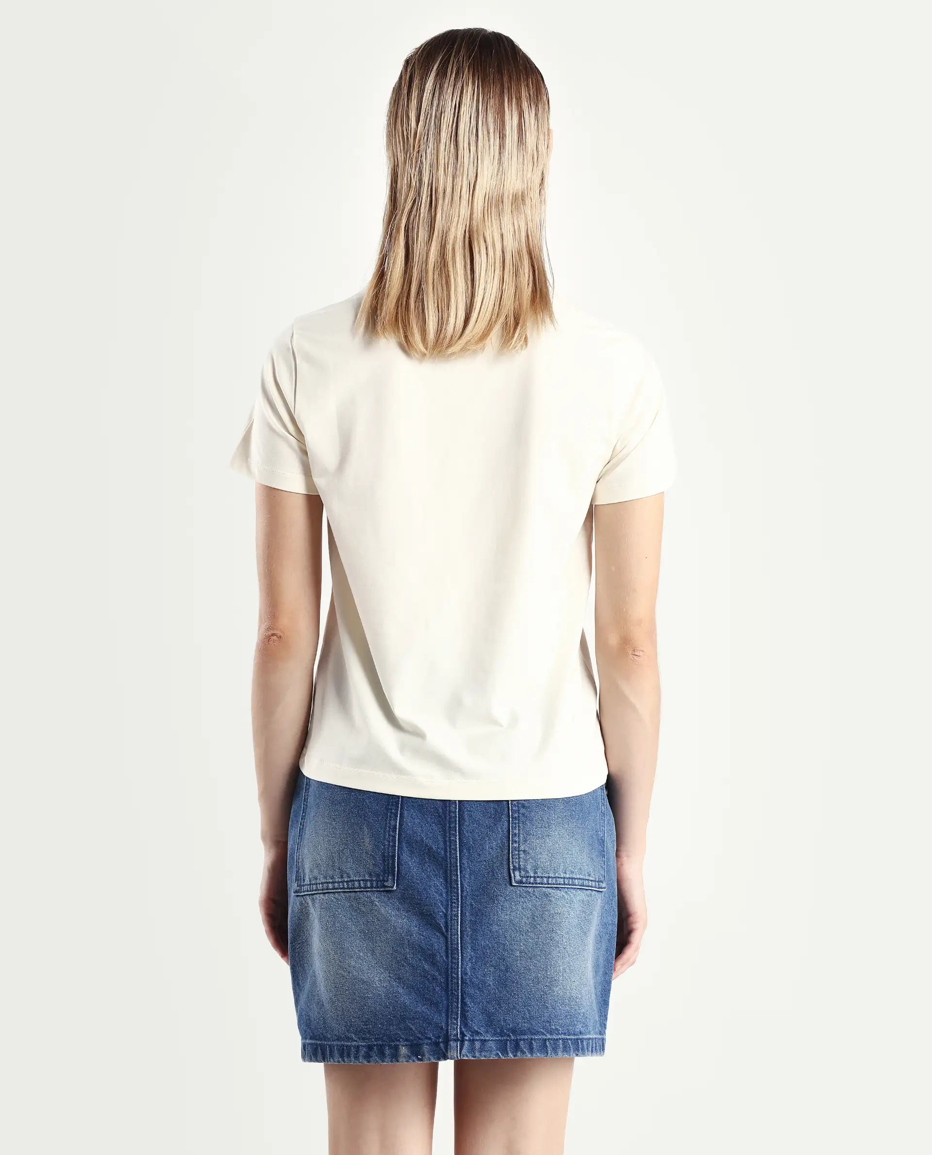 Rareism Women's Tye Off White Cotton Blend Crew Neck Regular Fit T-Shirt