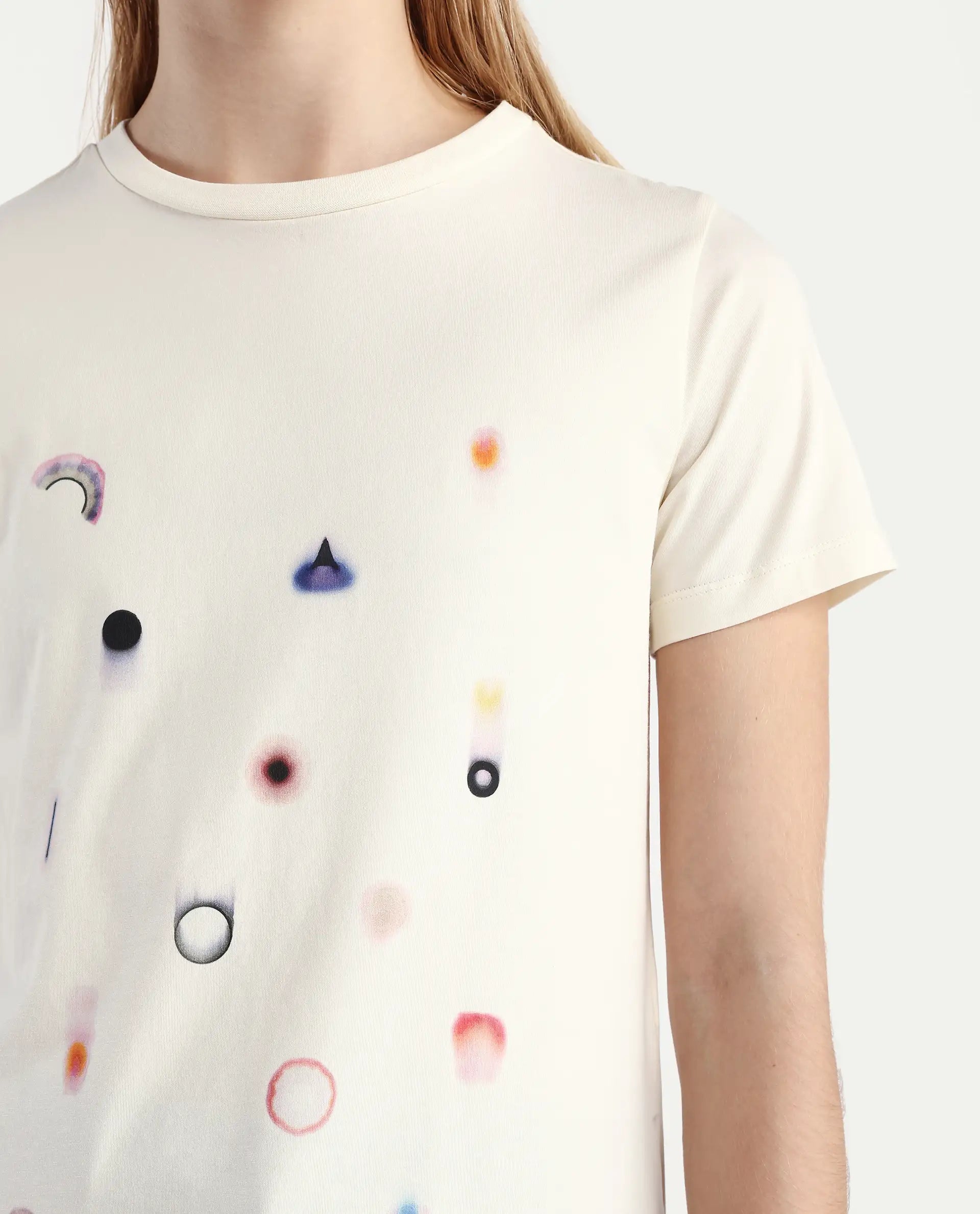 Rareism Women's Tye Off White Cotton Blend Crew Neck Regular Fit T-Shirt