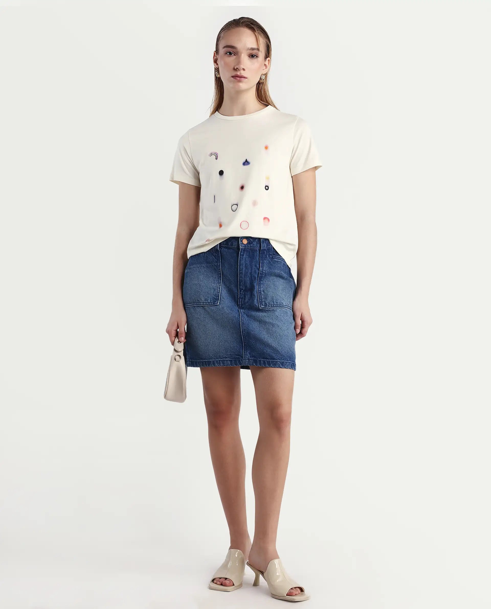 Rareism Women's Tye Off White Cotton Blend Crew Neck Regular Fit T-Shirt