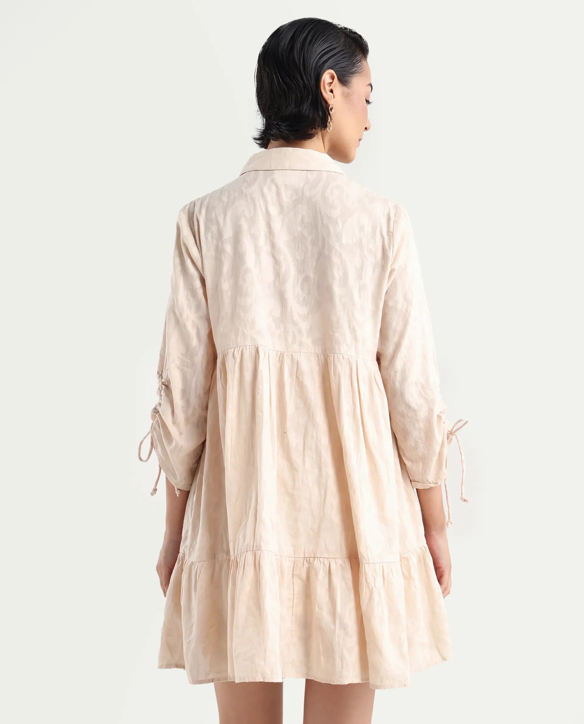 Rareism Women's Tyra Beige Cotton Spread Collar Printed Mini Relaxed Fit Dress