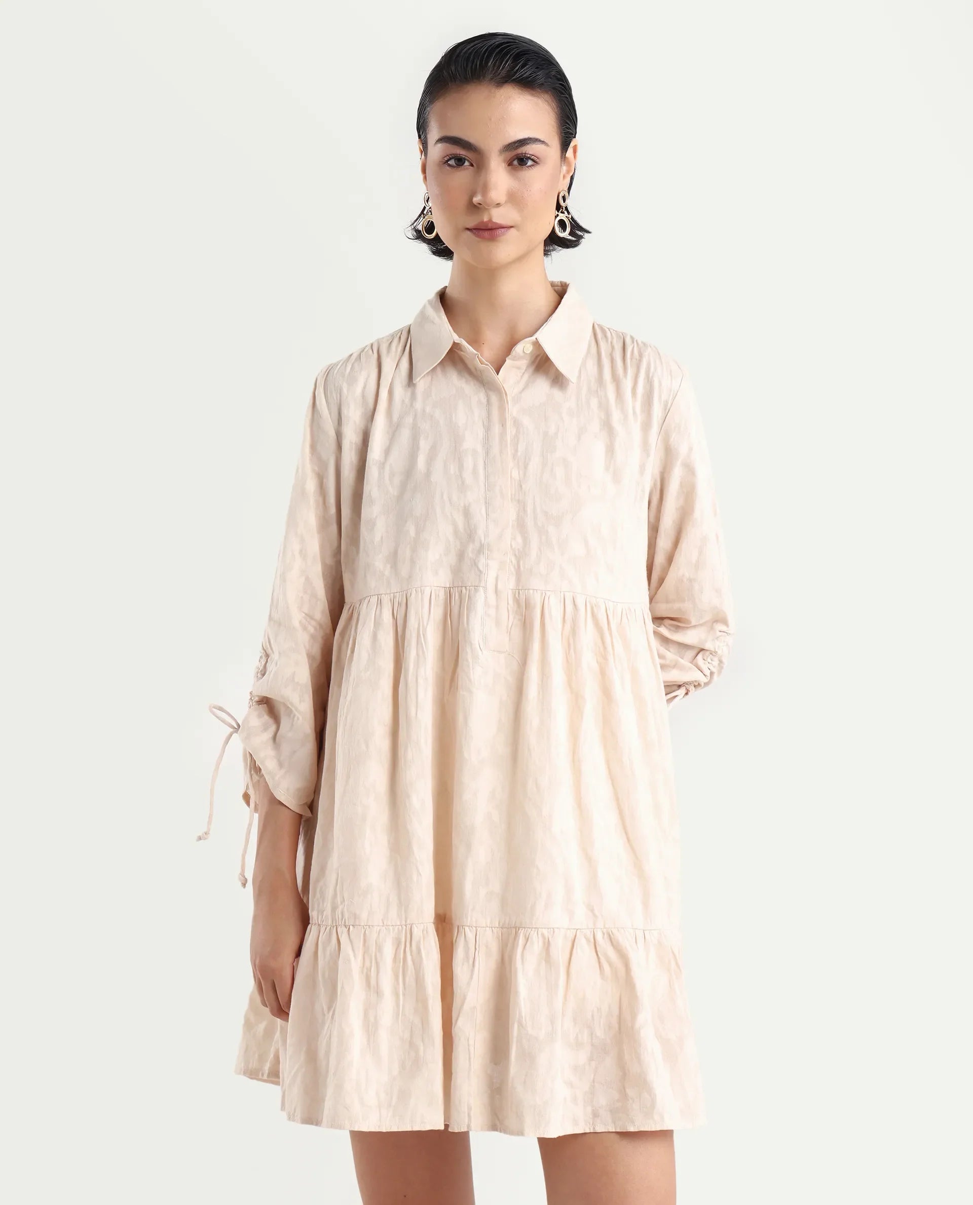 Rareism Women's Tyra Beige Cotton Spread Collar Printed Mini Relaxed Fit Dress