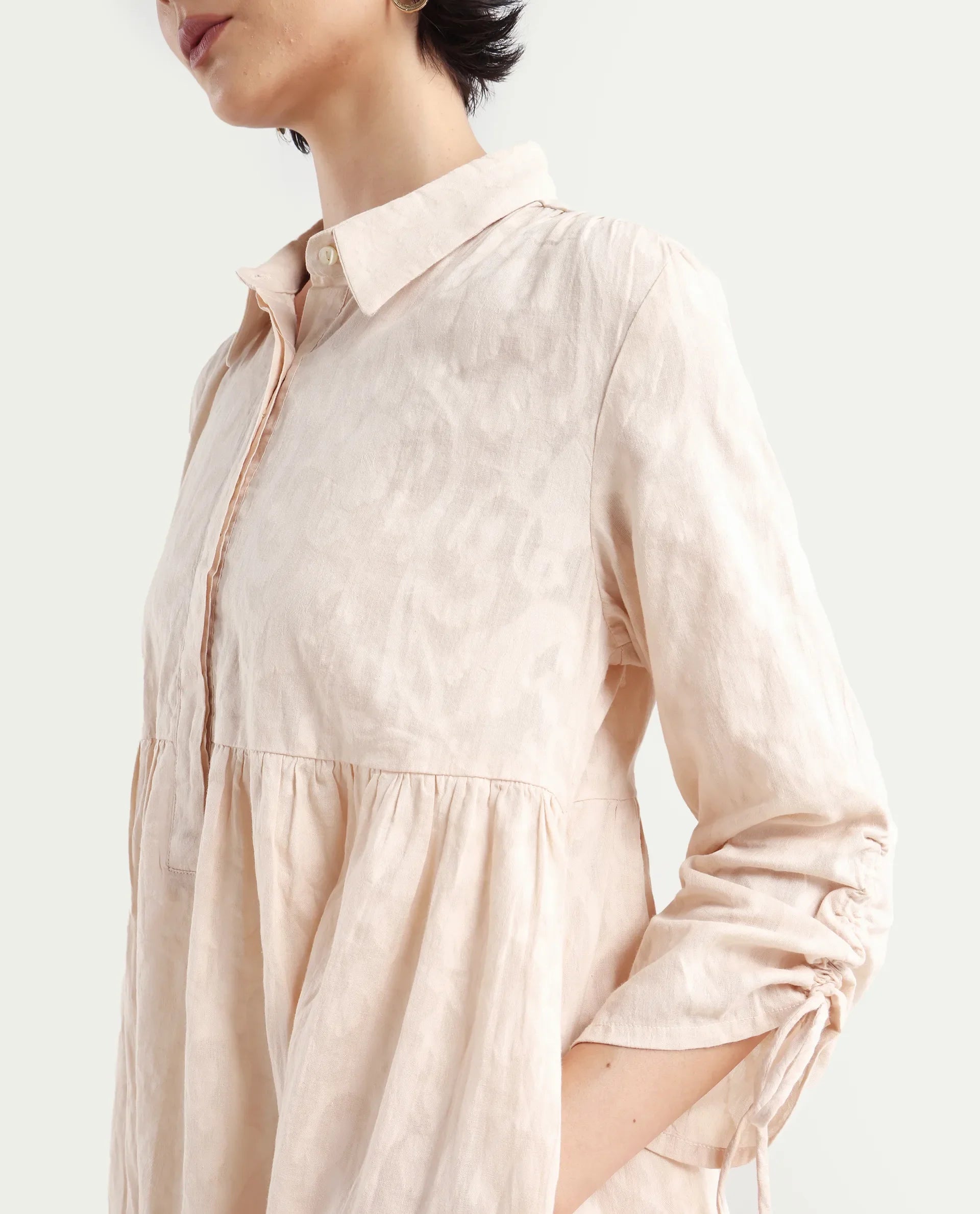 Rareism Women's Tyra Beige Cotton Spread Collar Printed Mini Relaxed Fit Dress