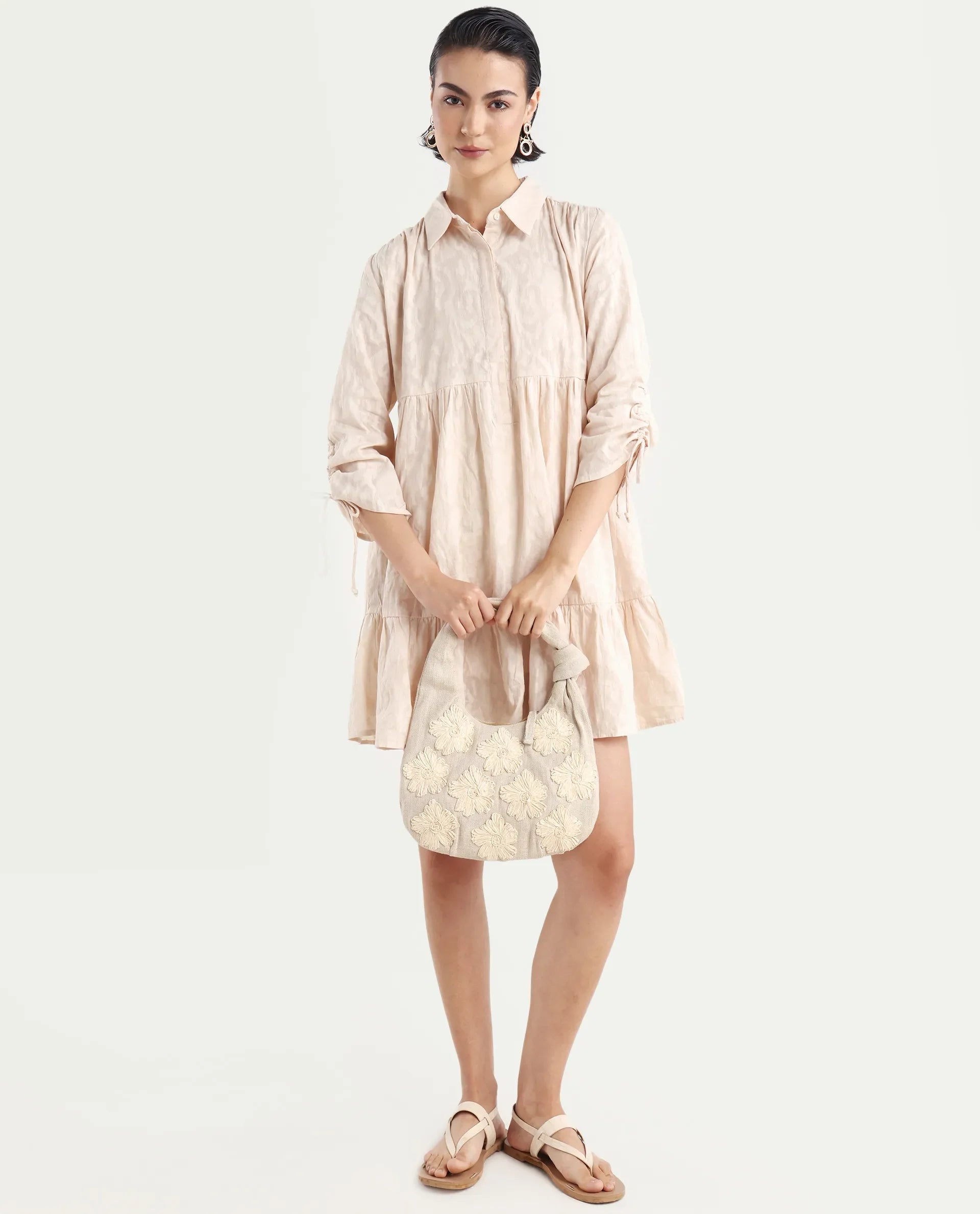 Rareism Women's Tyra Beige Cotton Spread Collar Printed Mini Relaxed Fit Dress