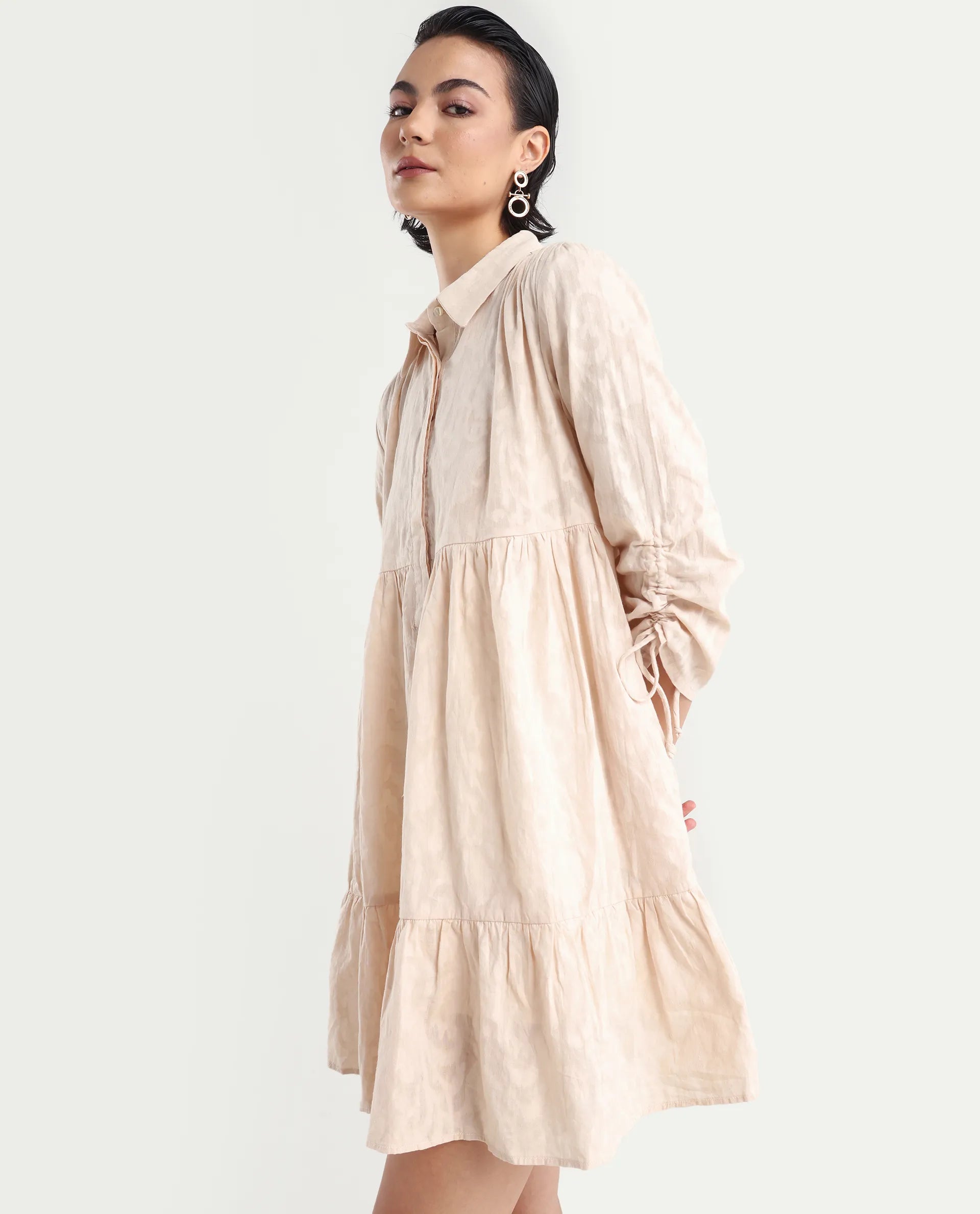 Rareism Women's Tyra Beige Cotton Spread Collar Printed Mini Relaxed Fit Dress