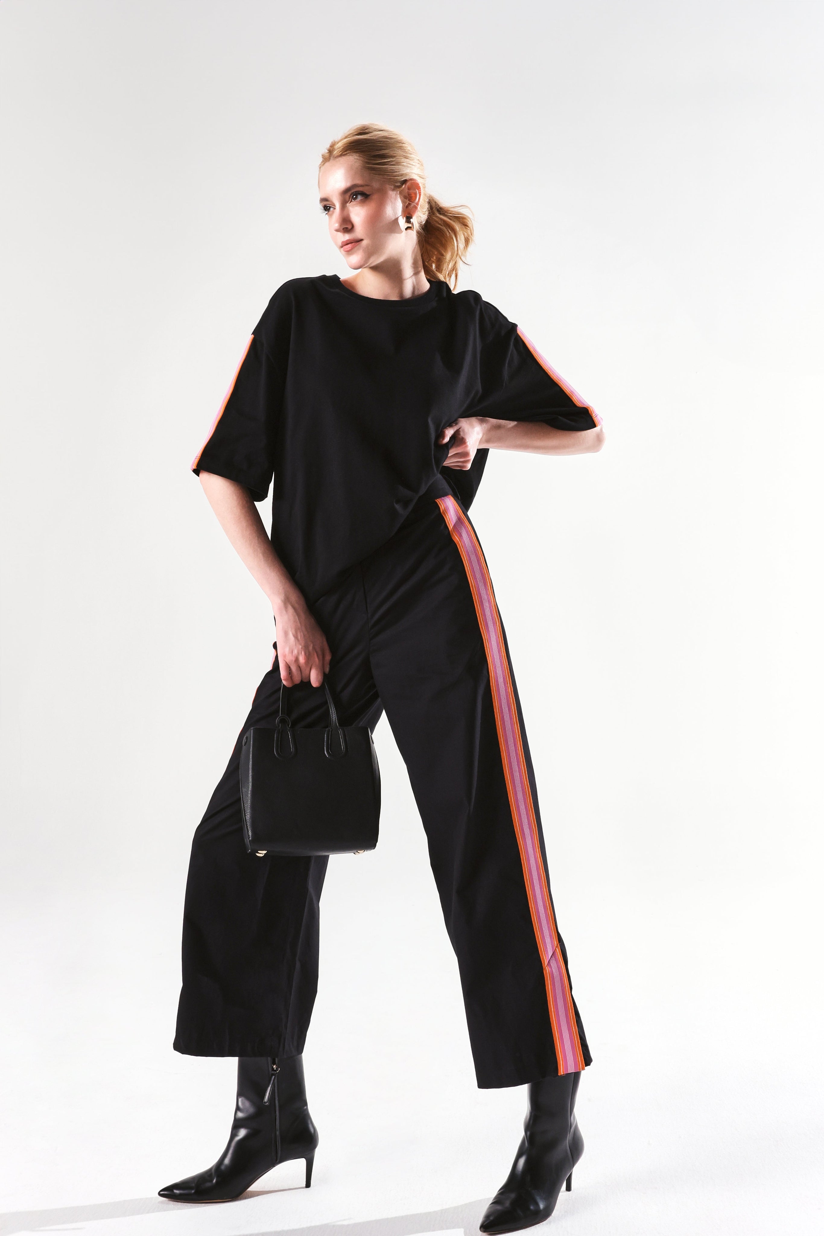 Rareism Women's Nonwen T Black Polyester Blend Crew Neck Striped Oversized T-Shirt Oversize