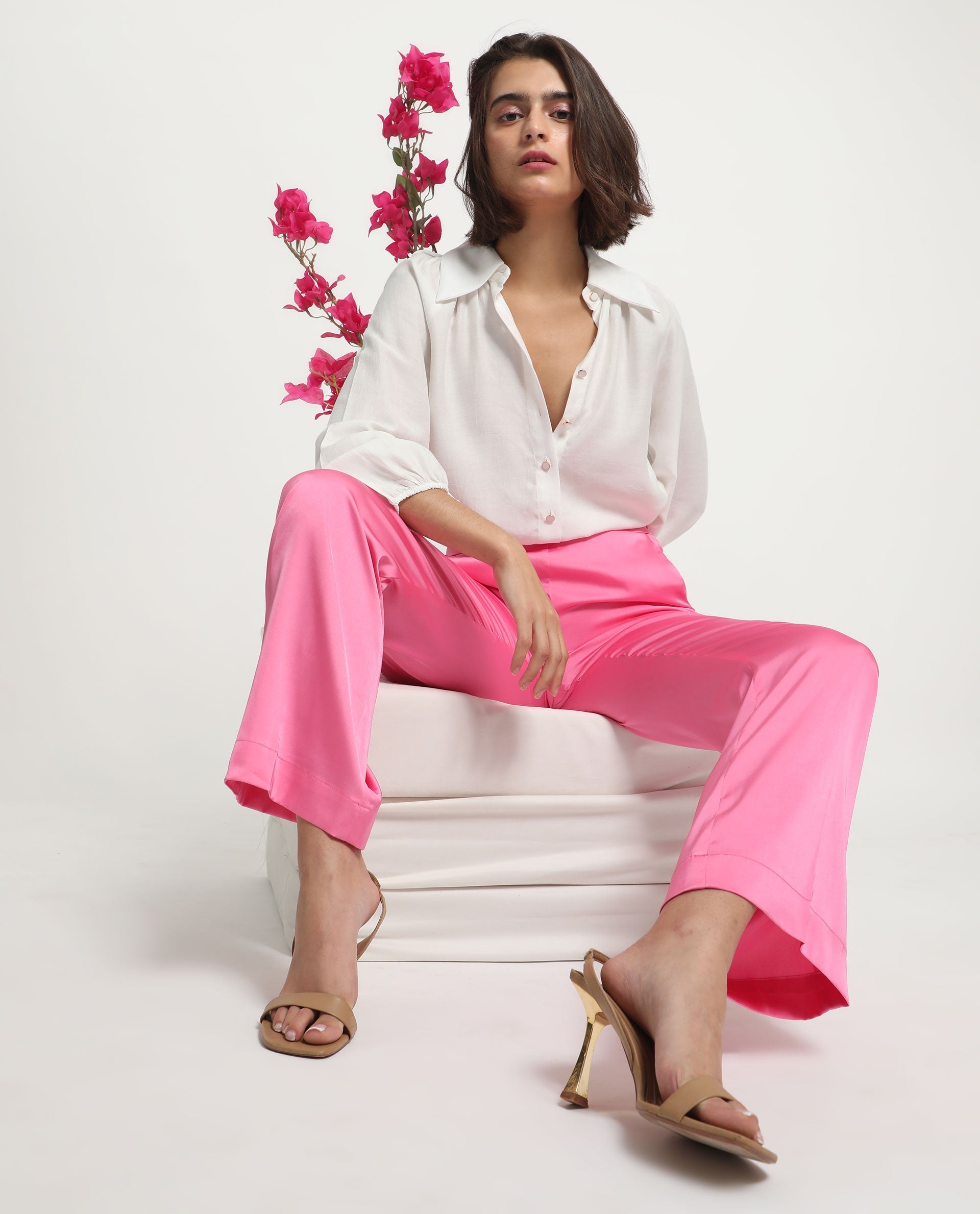 Rareism Women's Ucher Pink Polyester Plain Ankle Length Relaxed Fit Trouser