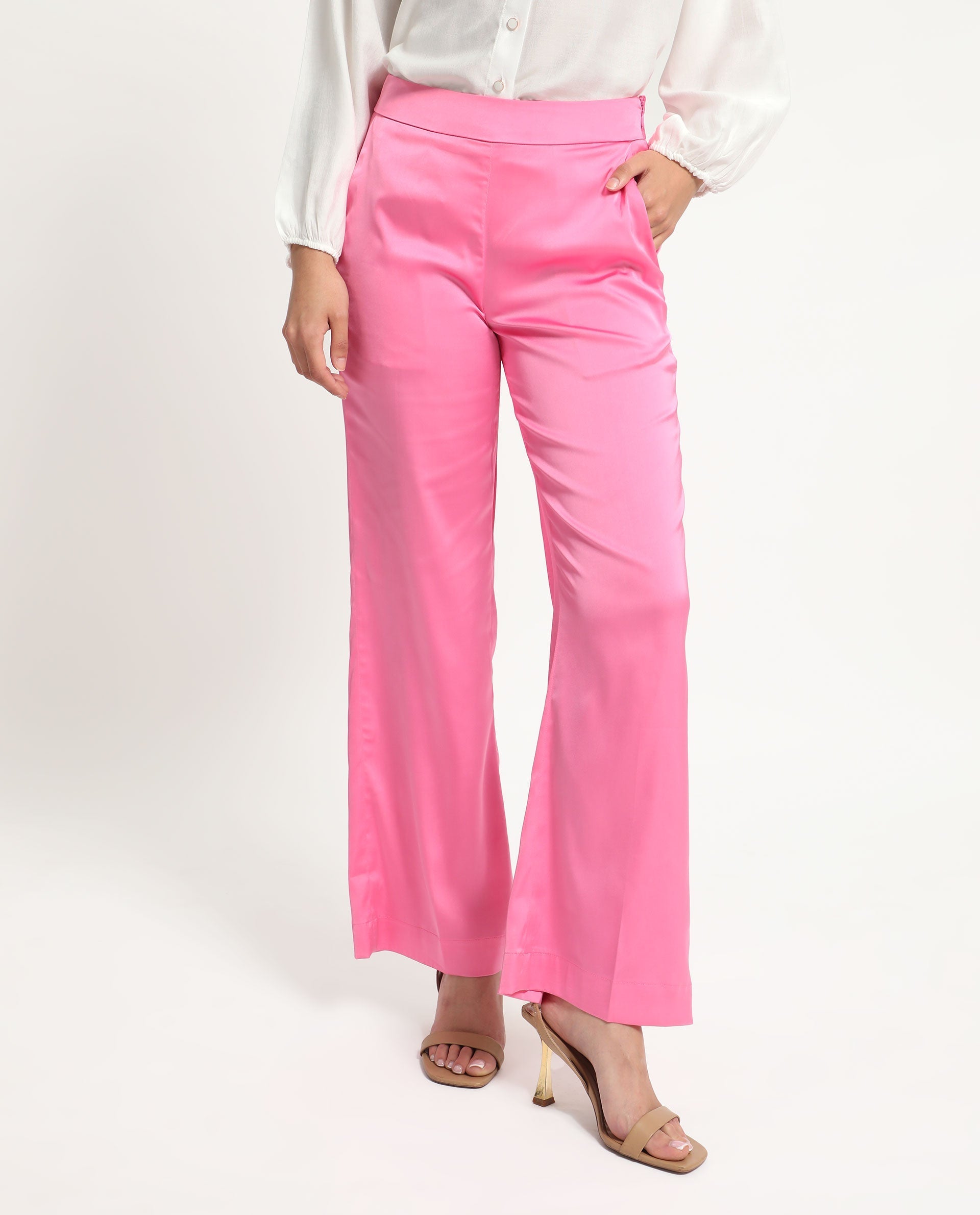 Rareism Women's Ucher Pink Polyester Plain Ankle Length Relaxed Fit Trouser