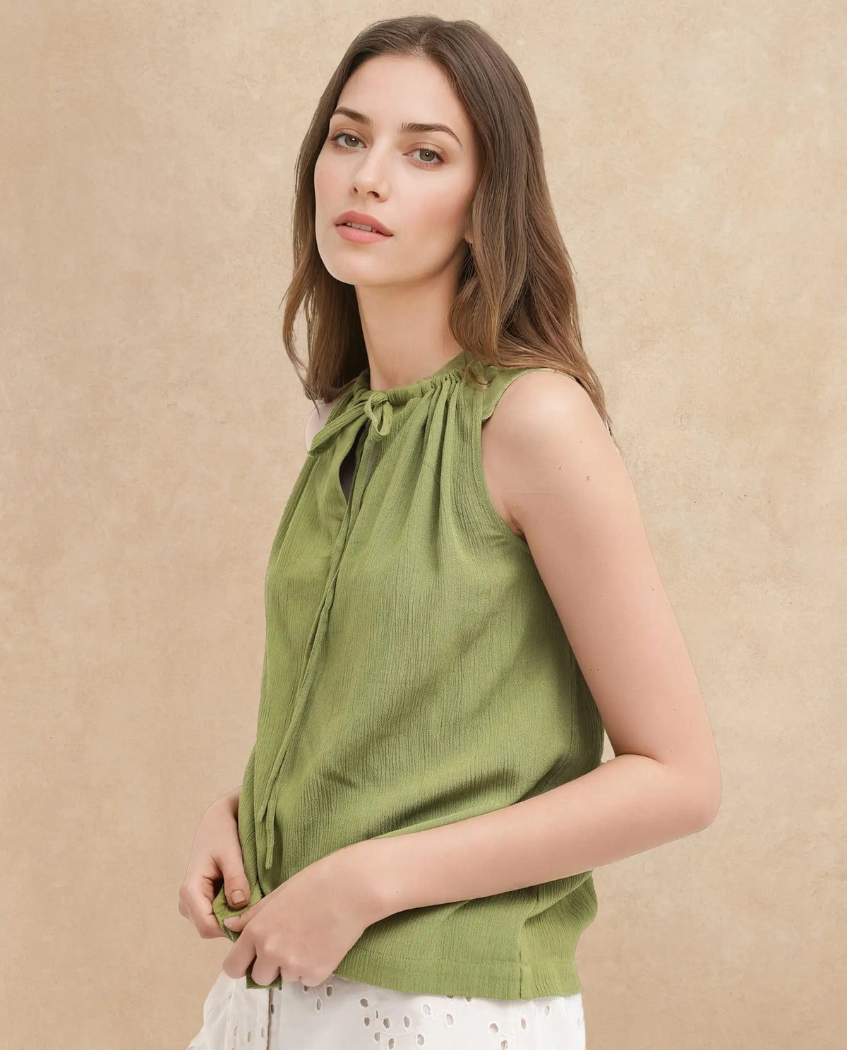 Rareism Women's Udine Green Rayon Halter Neck Plain Sleeveless Regular Fit Top