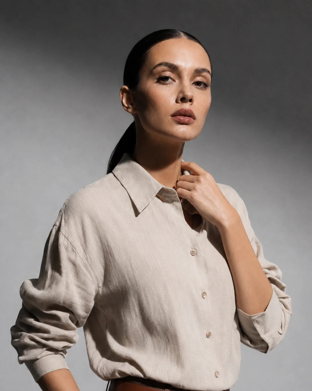 Rareism Women's Uganda Beige Linen Fabric Spread Collar Regular Plain Shirt