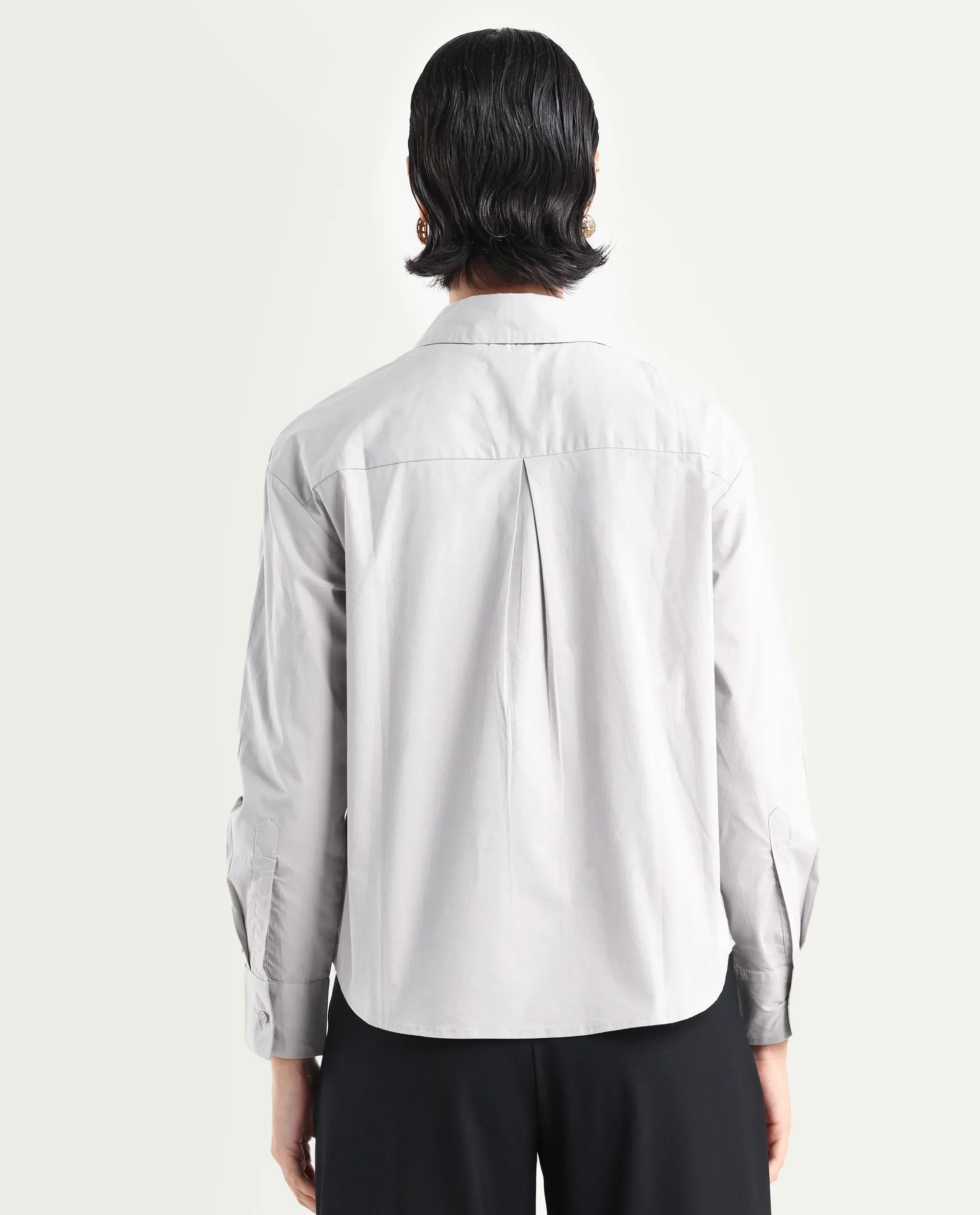 Rareism Women's Uiko Grey Cotton Drop Collar Plain Cuffed Sleeve Regular Fit Shirt