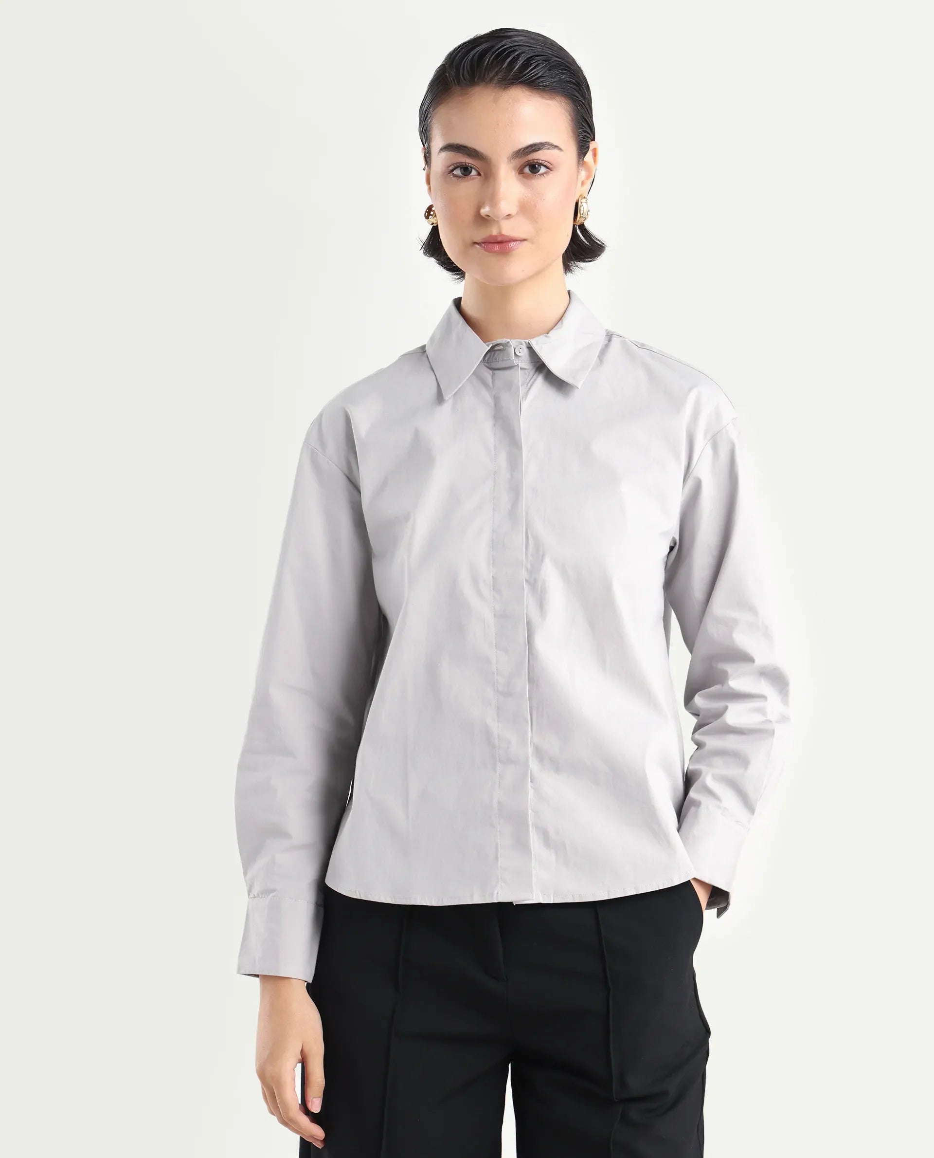 Rareism Women's Uiko Grey Cotton Drop Collar Plain Cuffed Sleeve Regular Fit Shirt