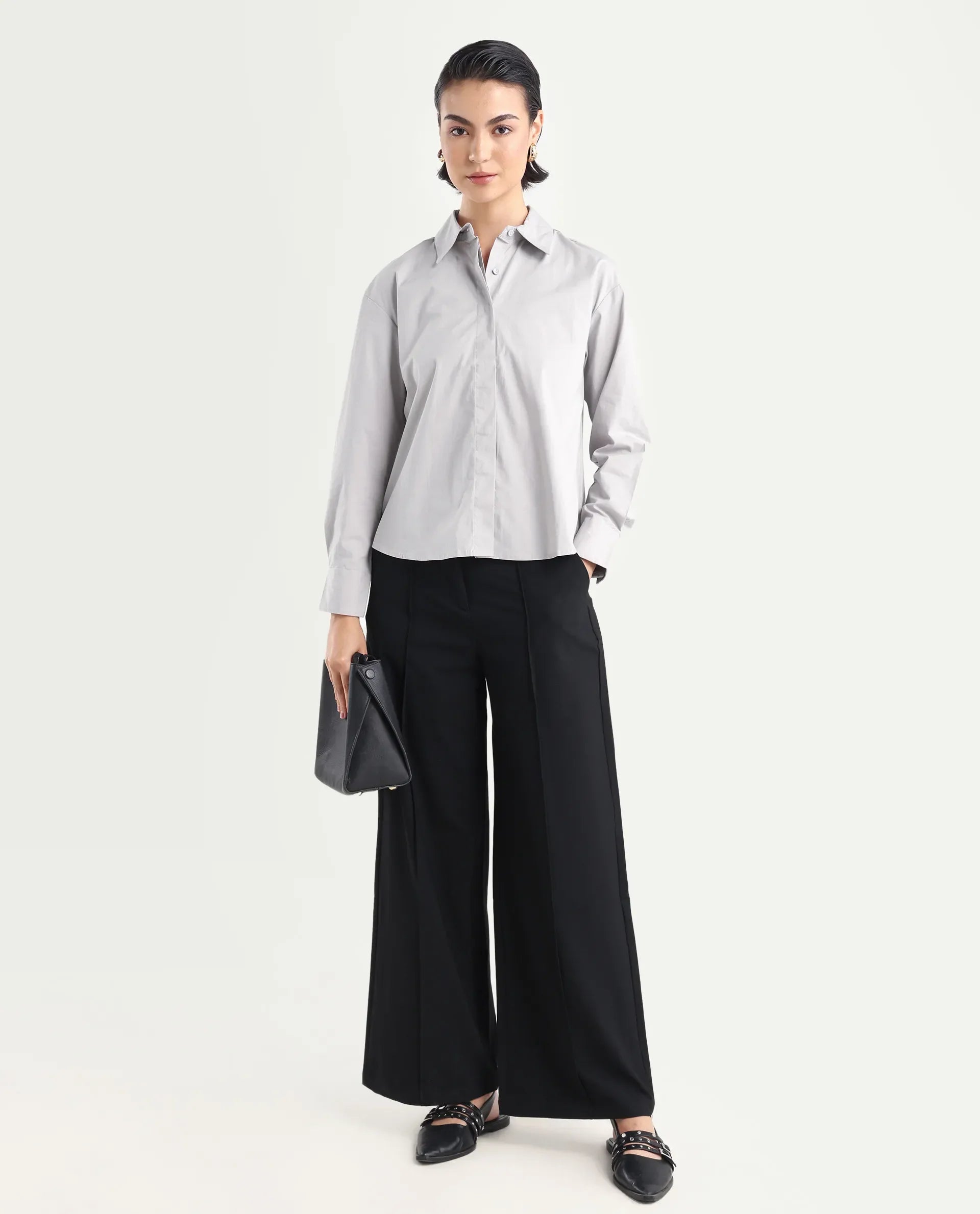Rareism Women's Uiko Grey Cotton Drop Collar Plain Cuffed Sleeve Regular Fit Shirt