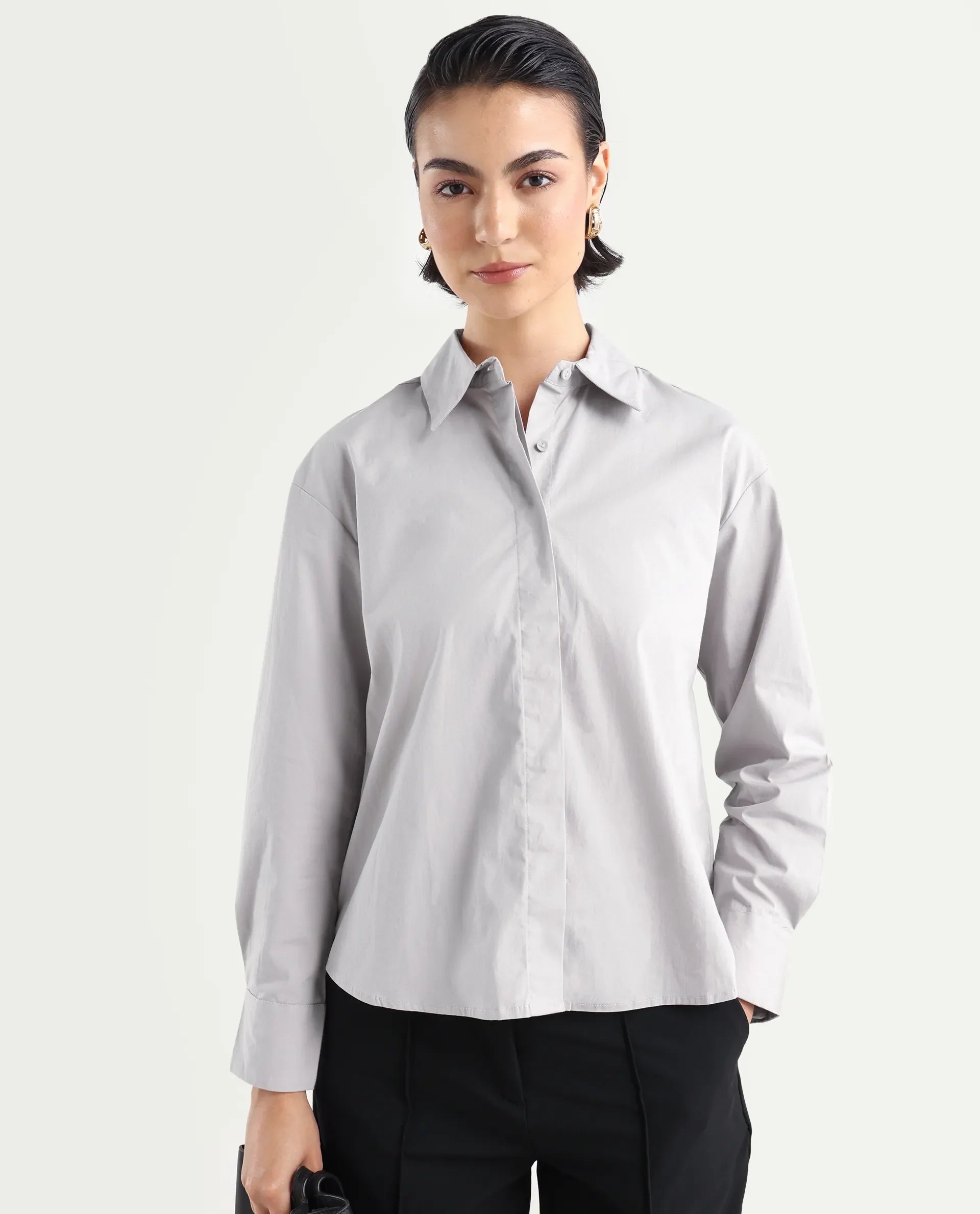 Rareism Women's Uiko Grey Cotton Drop Collar Plain Cuffed Sleeve Regular Fit Shirt