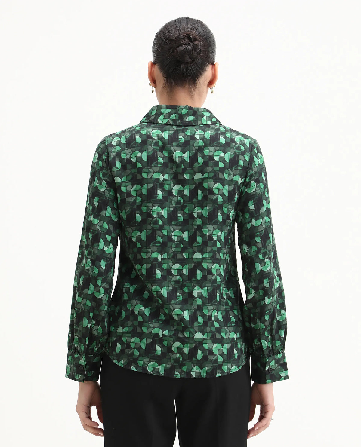 Rareism Women's Unio Dark Green Polyester Drop Collar Geometric Print Cuffed Sleeve Regular Fit Shirt