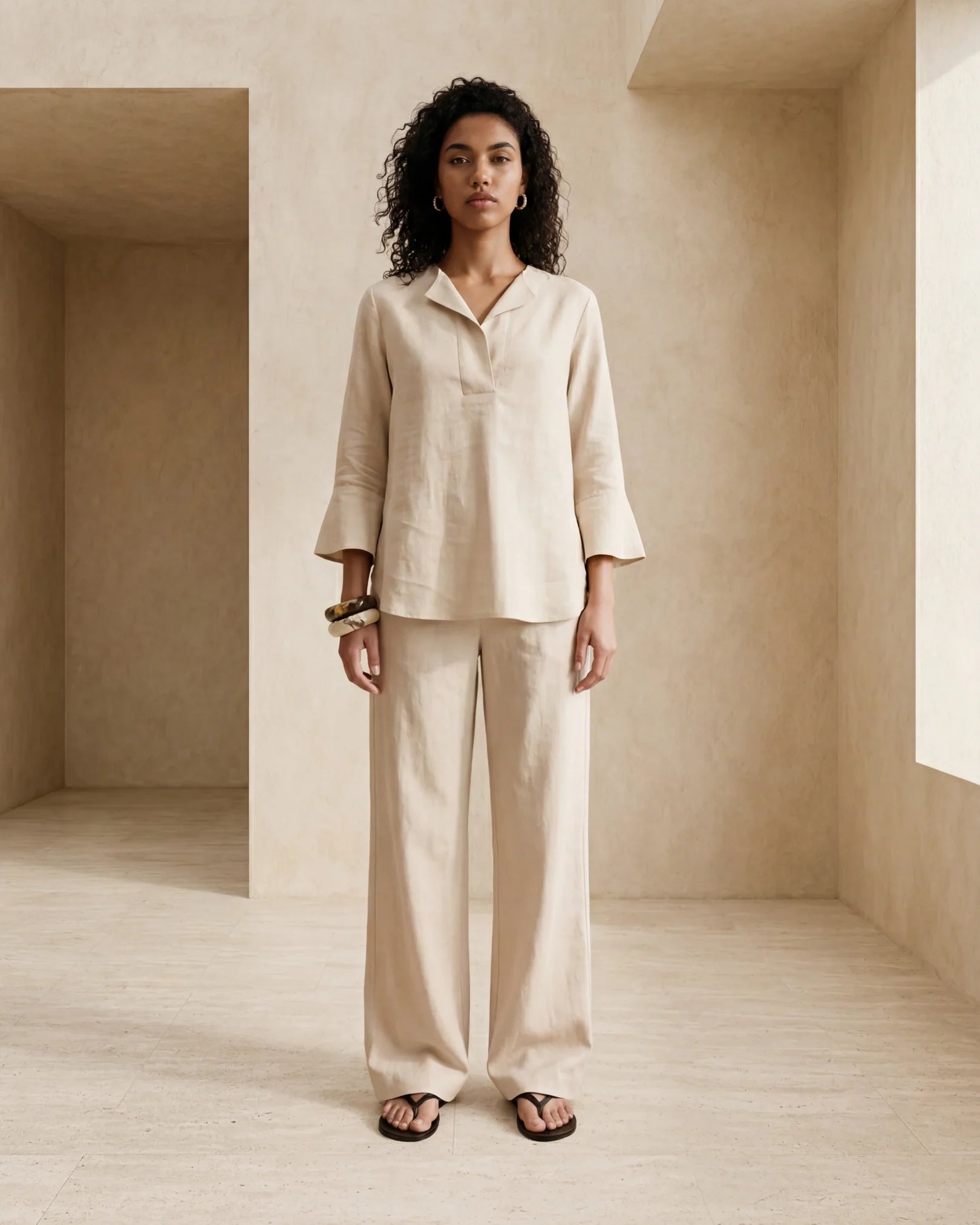 Rareism Women's Uniq Beige Linen Blend Fabric Straight Plain Trouser