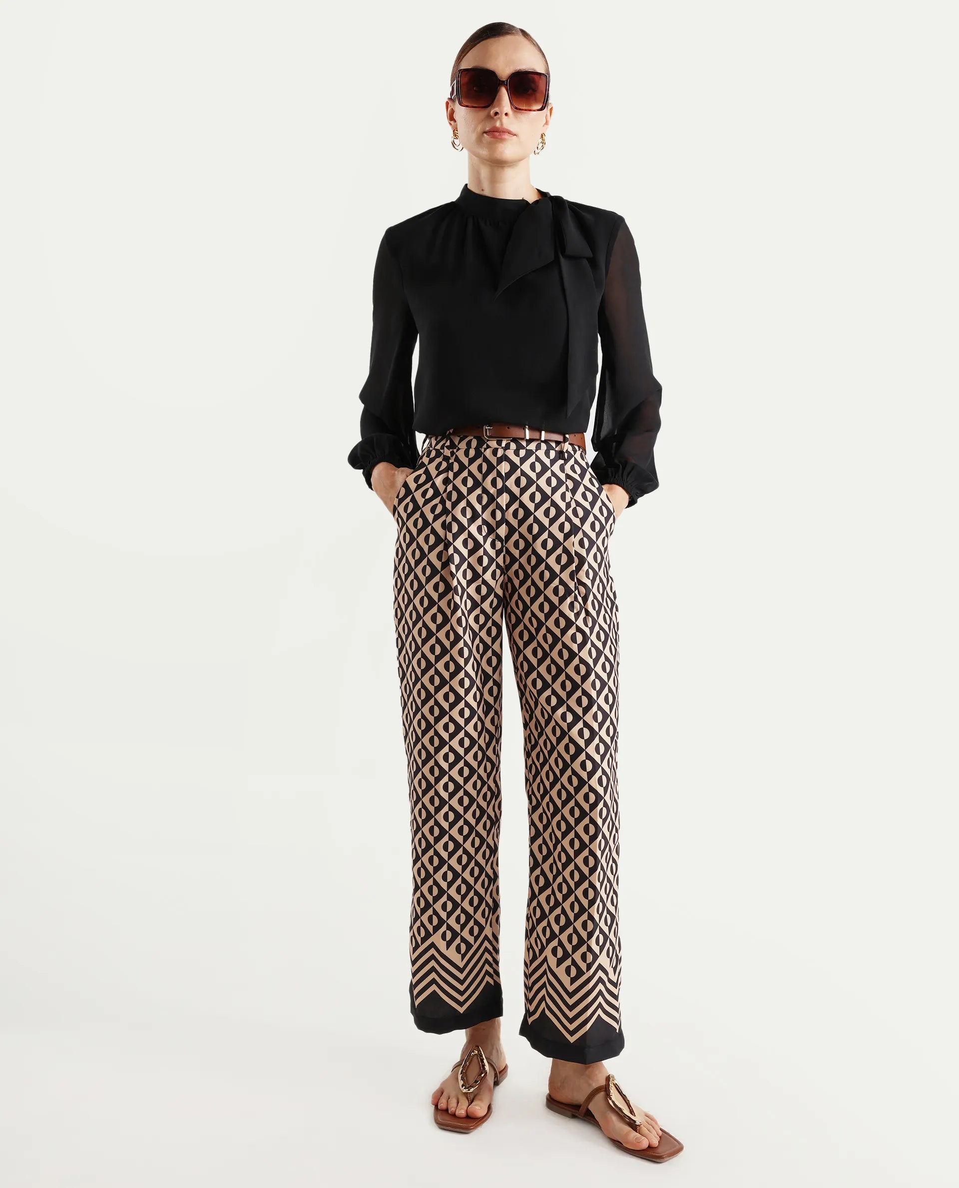 Rareism Women's Urapan Black Polyester Blend Geometric Print Ankle Length Straight Fit Trouser