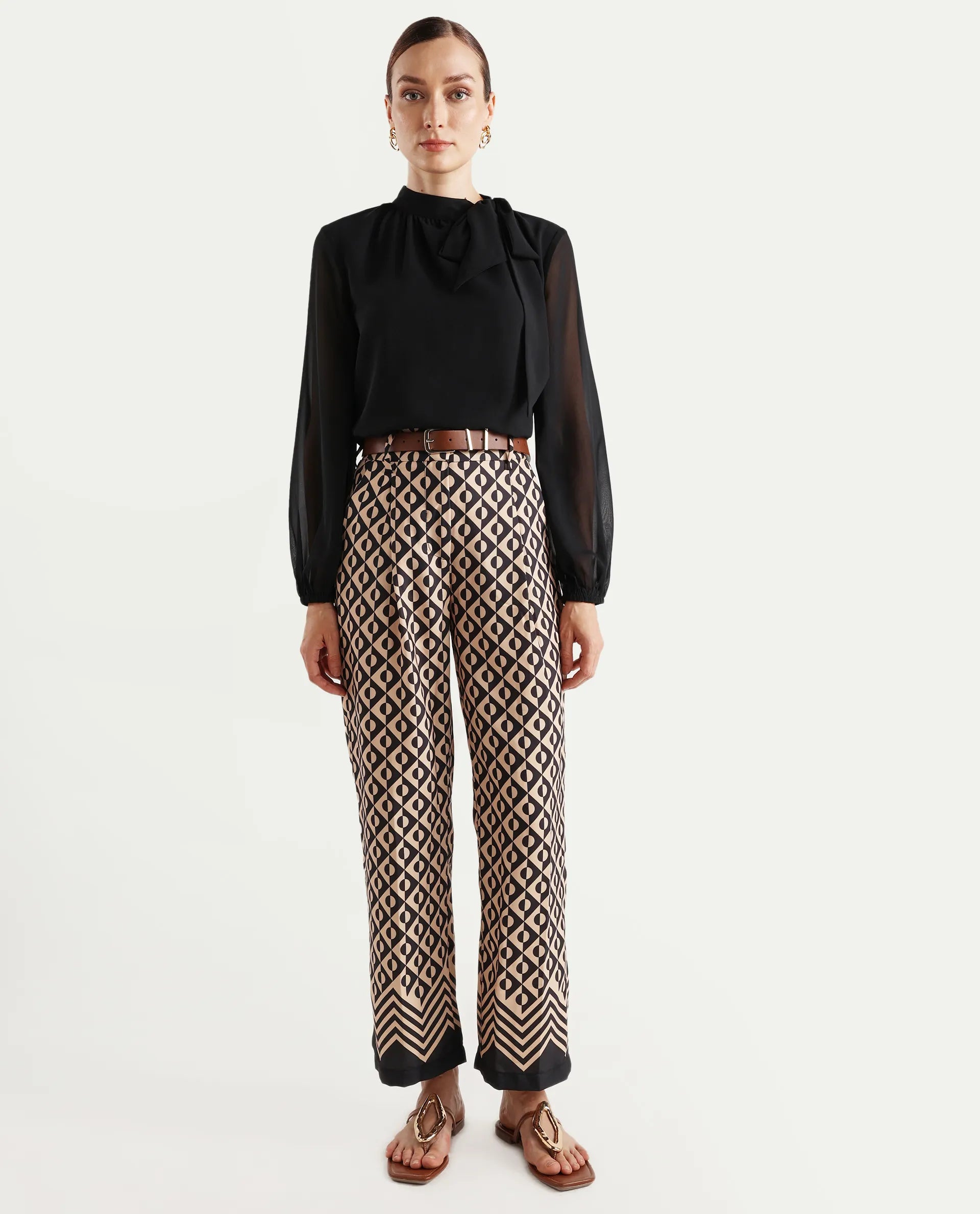 Rareism Women's Urapan Black Polyester Blend Geometric Print Ankle Length Straight Fit Trouser