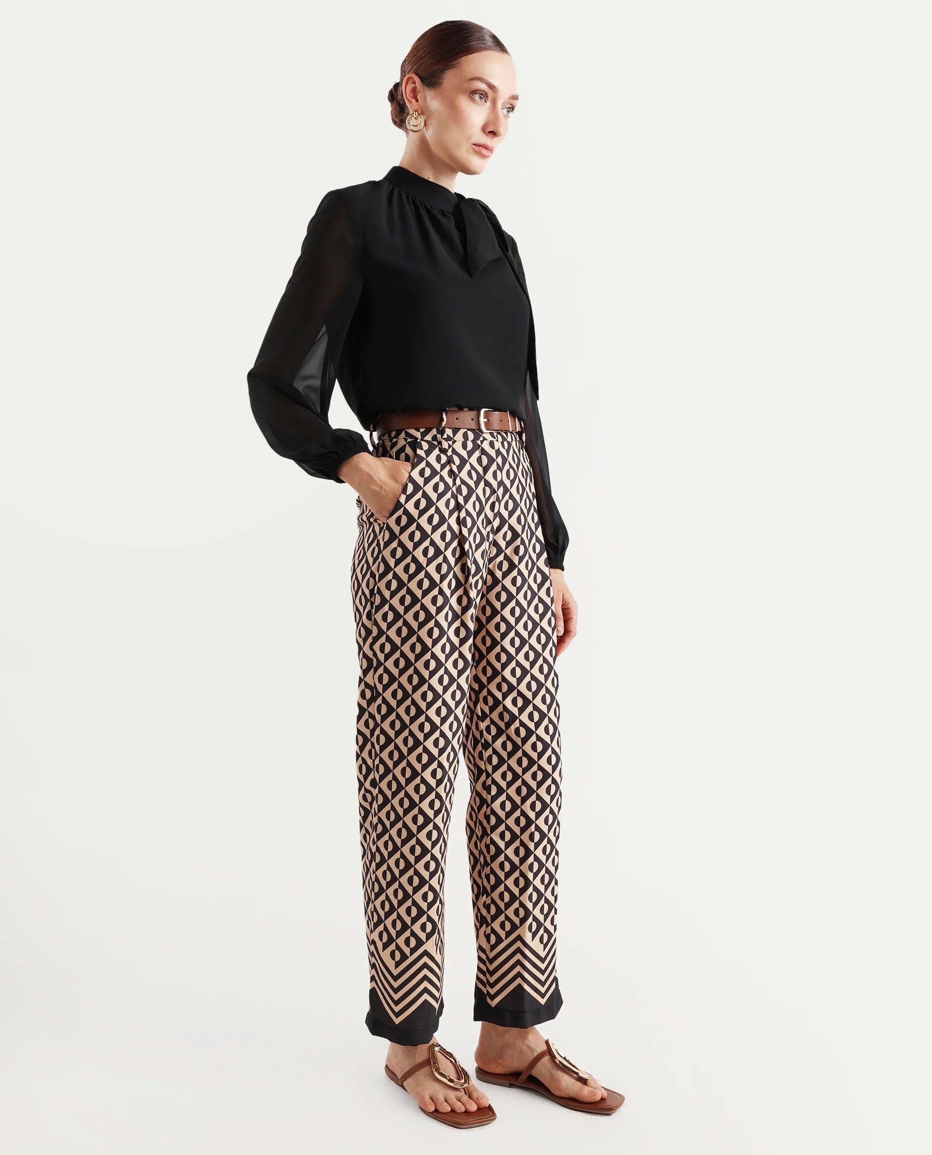 Rareism Women's Urapan Black Polyester Blend Geometric Print Ankle Length Straight Fit Trouser